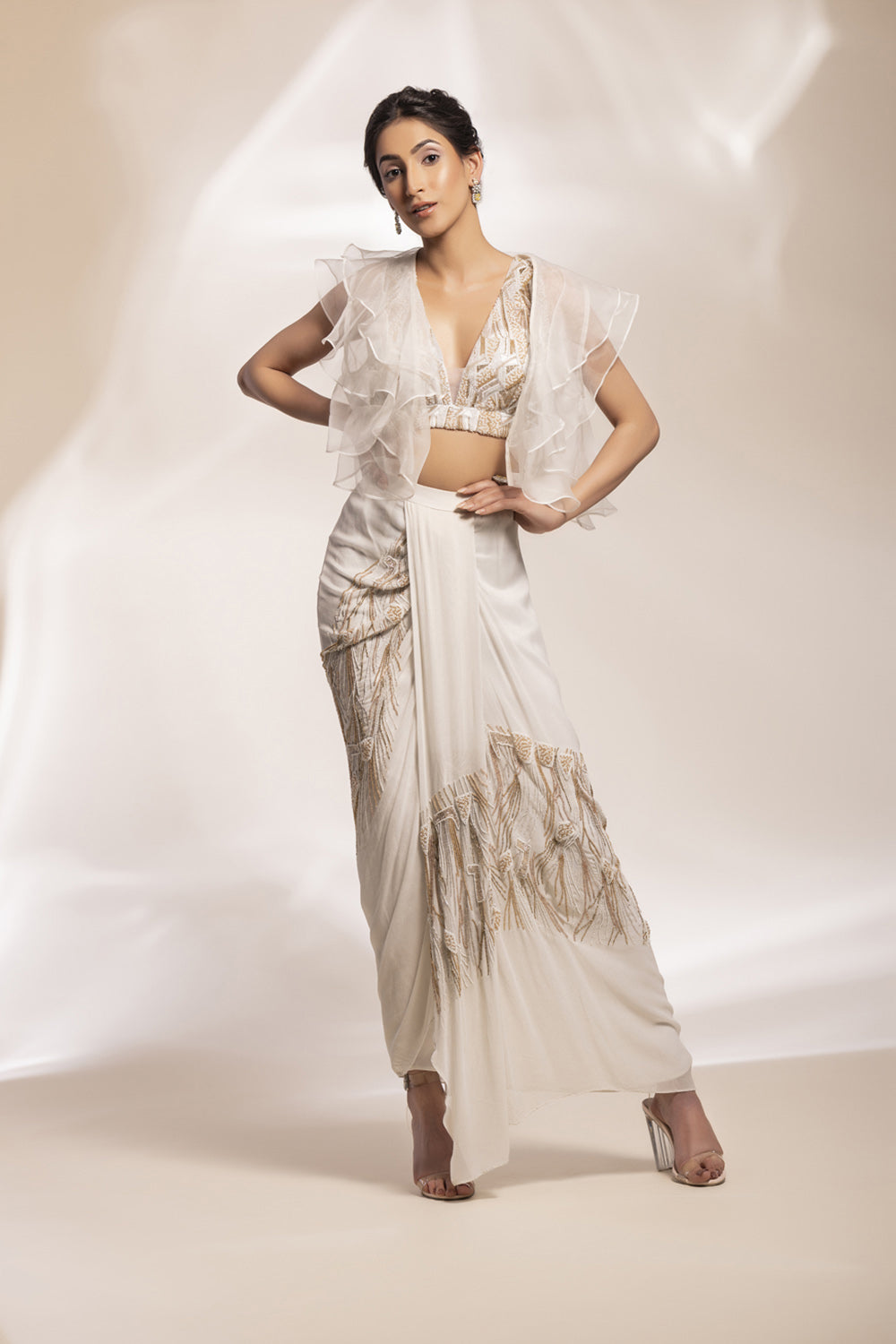 Abstract Cascade Lungi Drape With Organza Ruffle Jacket - Auraya Fashion - Gee Sin by Geetanjali -