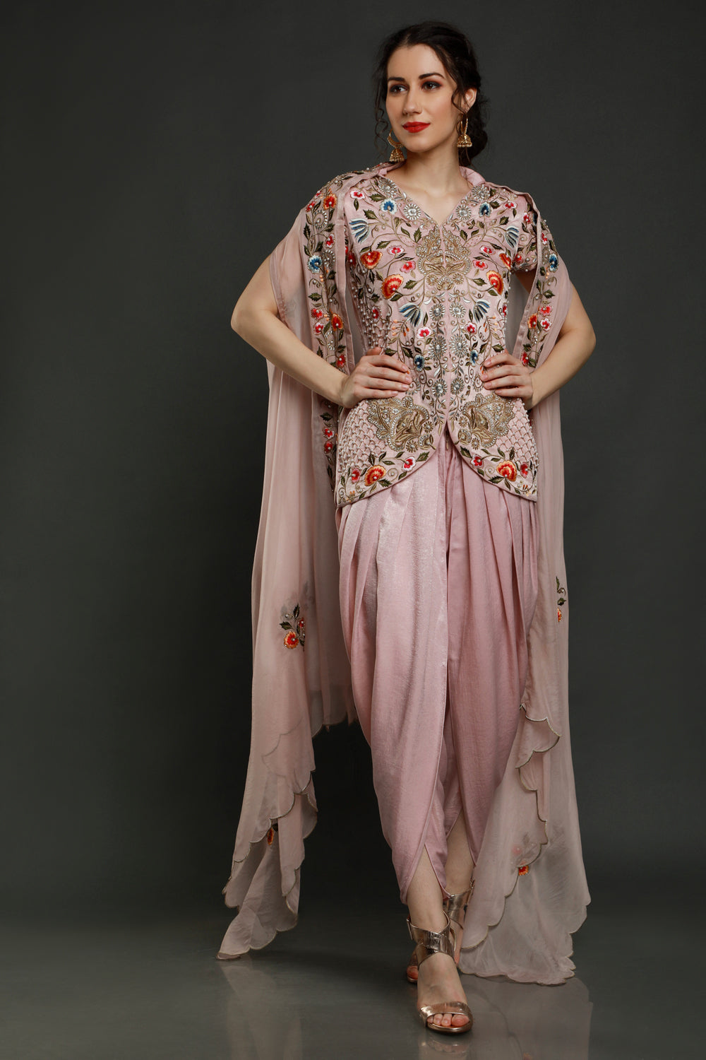 Peony Pink Short Kurta With Dhoti And Cape Dupatta - Auraya Fashion - Sejal Kamdar - #tag1# - #tag2# - #tag3# - #tag3#