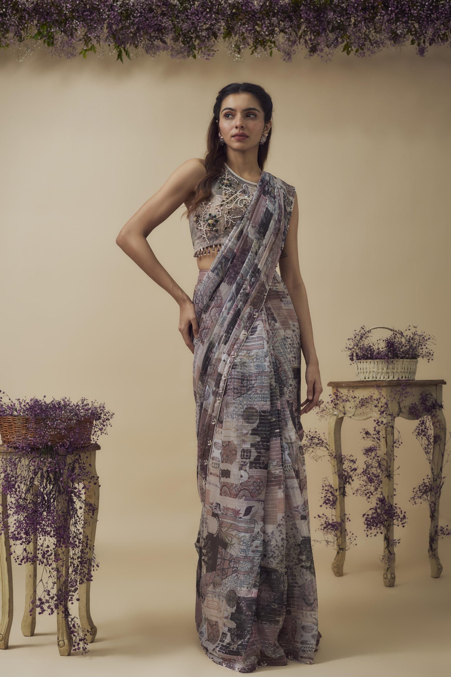 PRINTED HAND EMBROIDERED SAREE SET