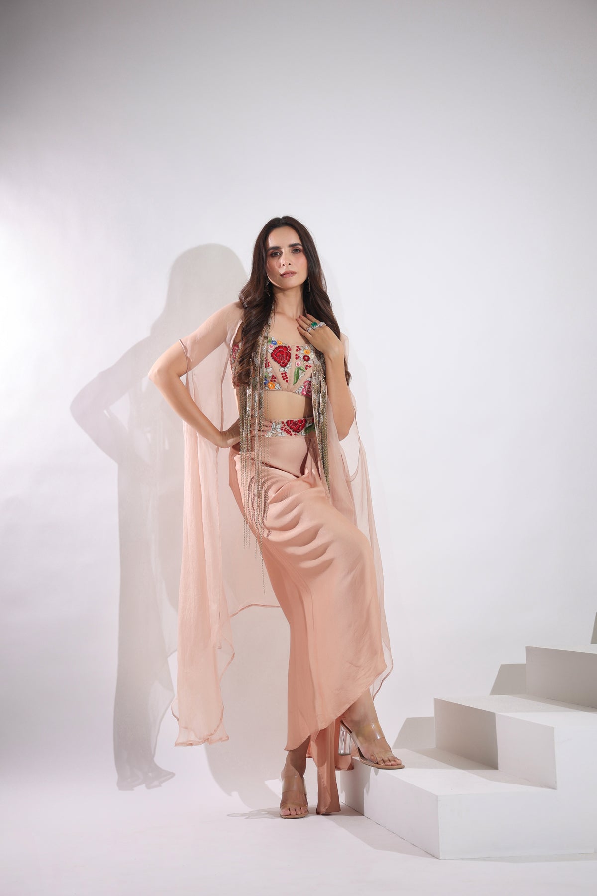 Image of Haseena caramel brown drape skirt set
