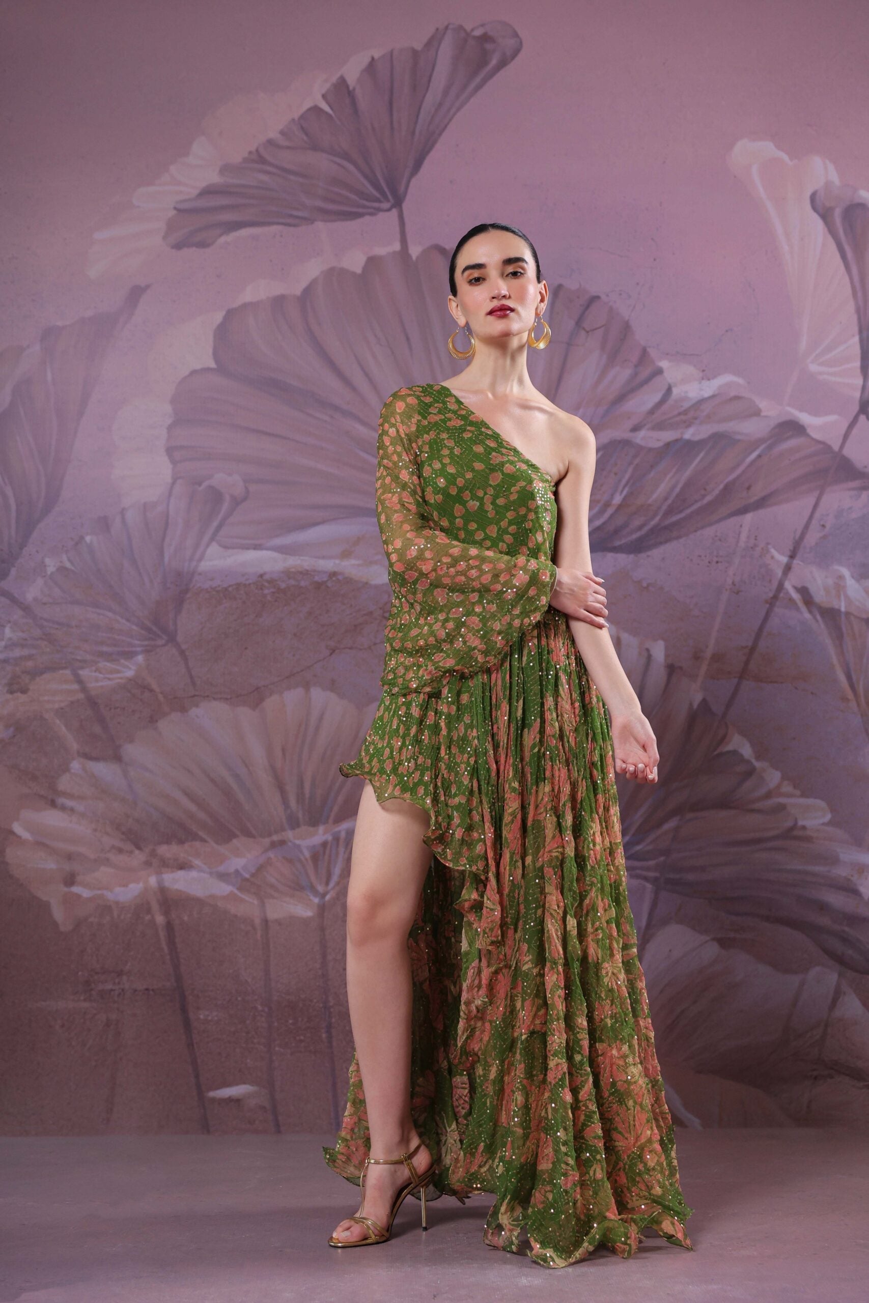 Avacado green marble palace 1 off shoulder maxi