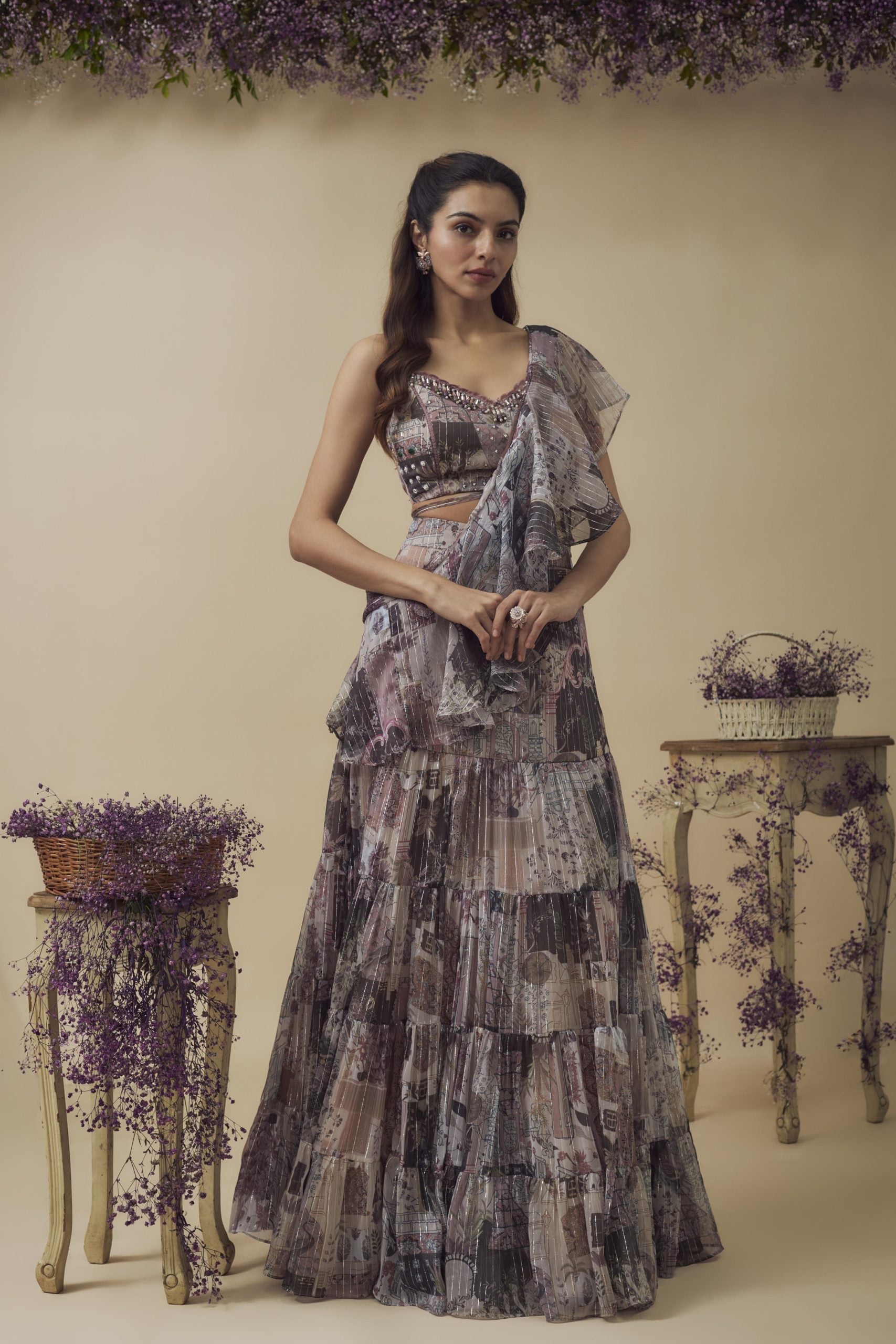 PRINTED HAND EMBROIDERED RUFFLE DRAPE LEHENGA SET