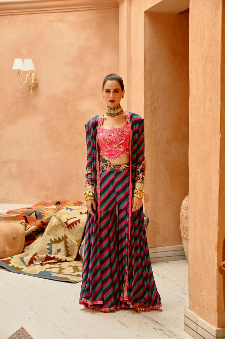 Image of Multi colour Indi-leheriya kallidar jacket with sharara and scallop crop top