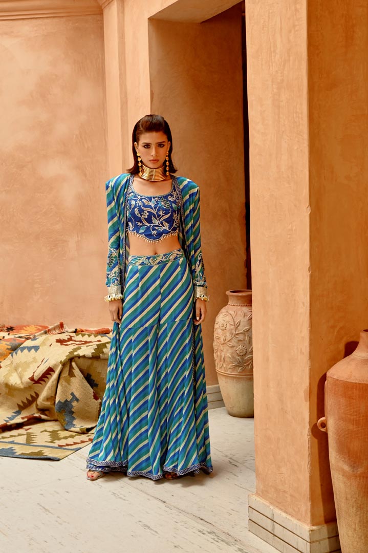 Image of Blue Indi-leheriya kallidar jacket with sharara and scallop crop top