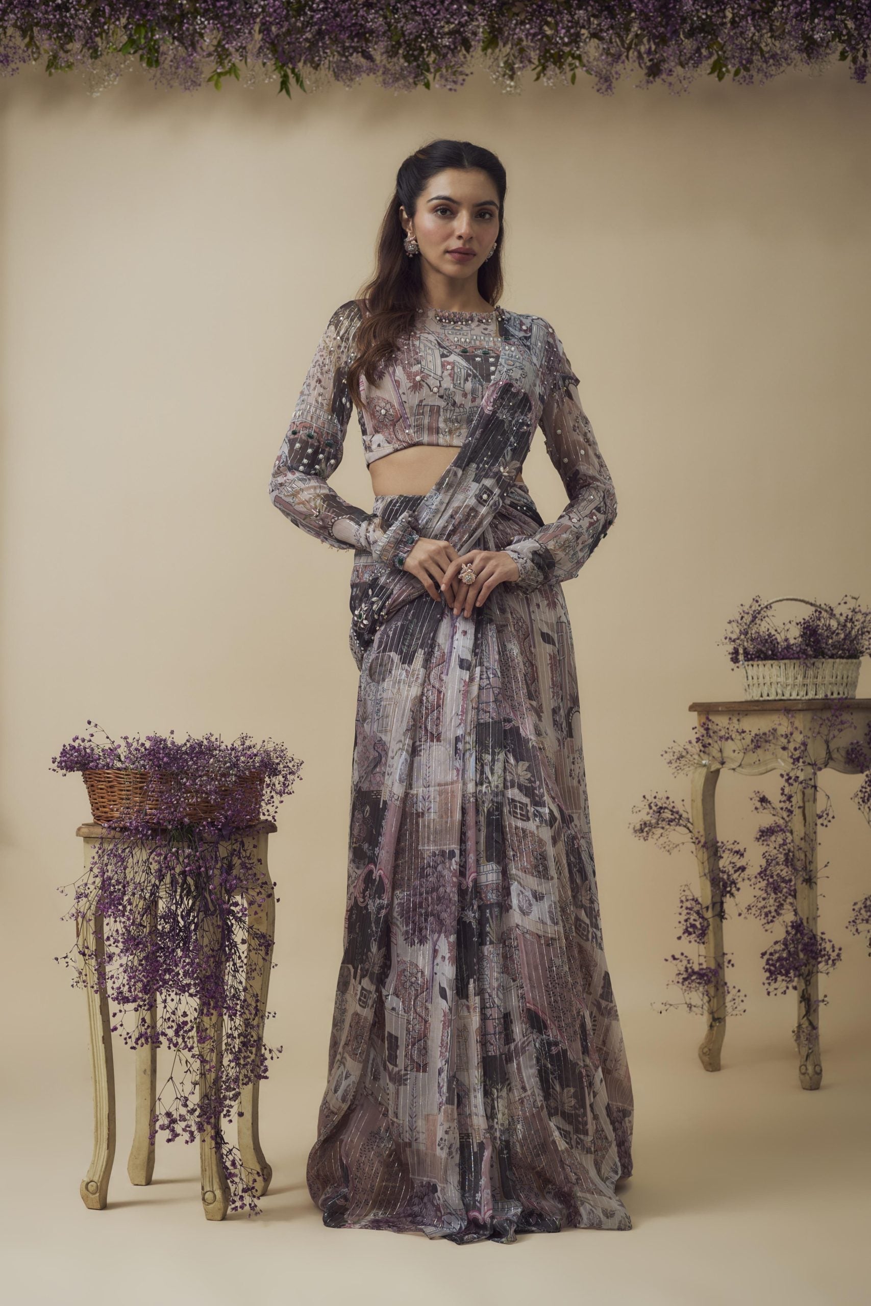 PRINTED HAND EMBROIDERED READY TO WEAR DRAPE SAREE SET