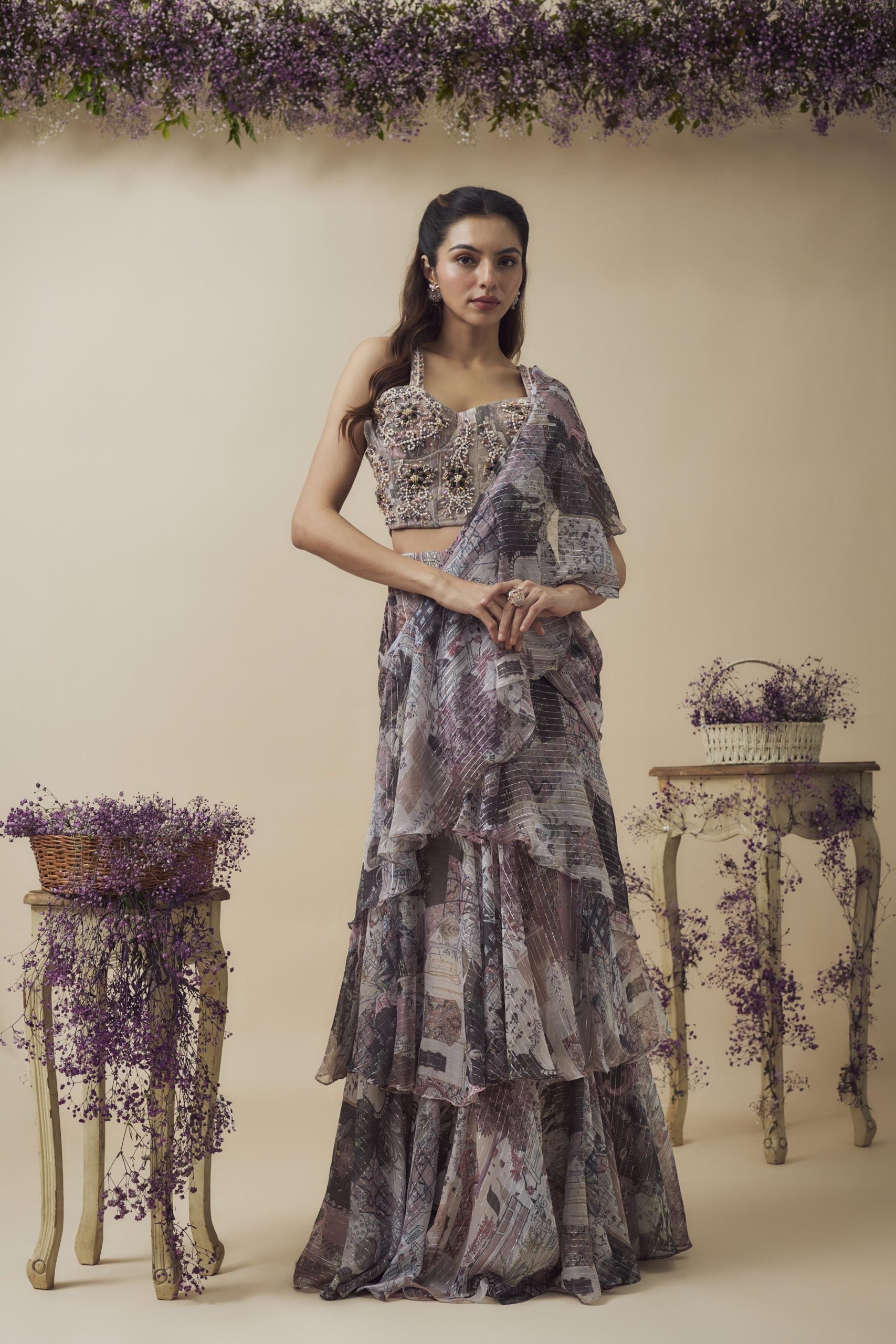 PRINTED HAND EMBROIDERED READY TO WEAR RUFFLE SAREE SET