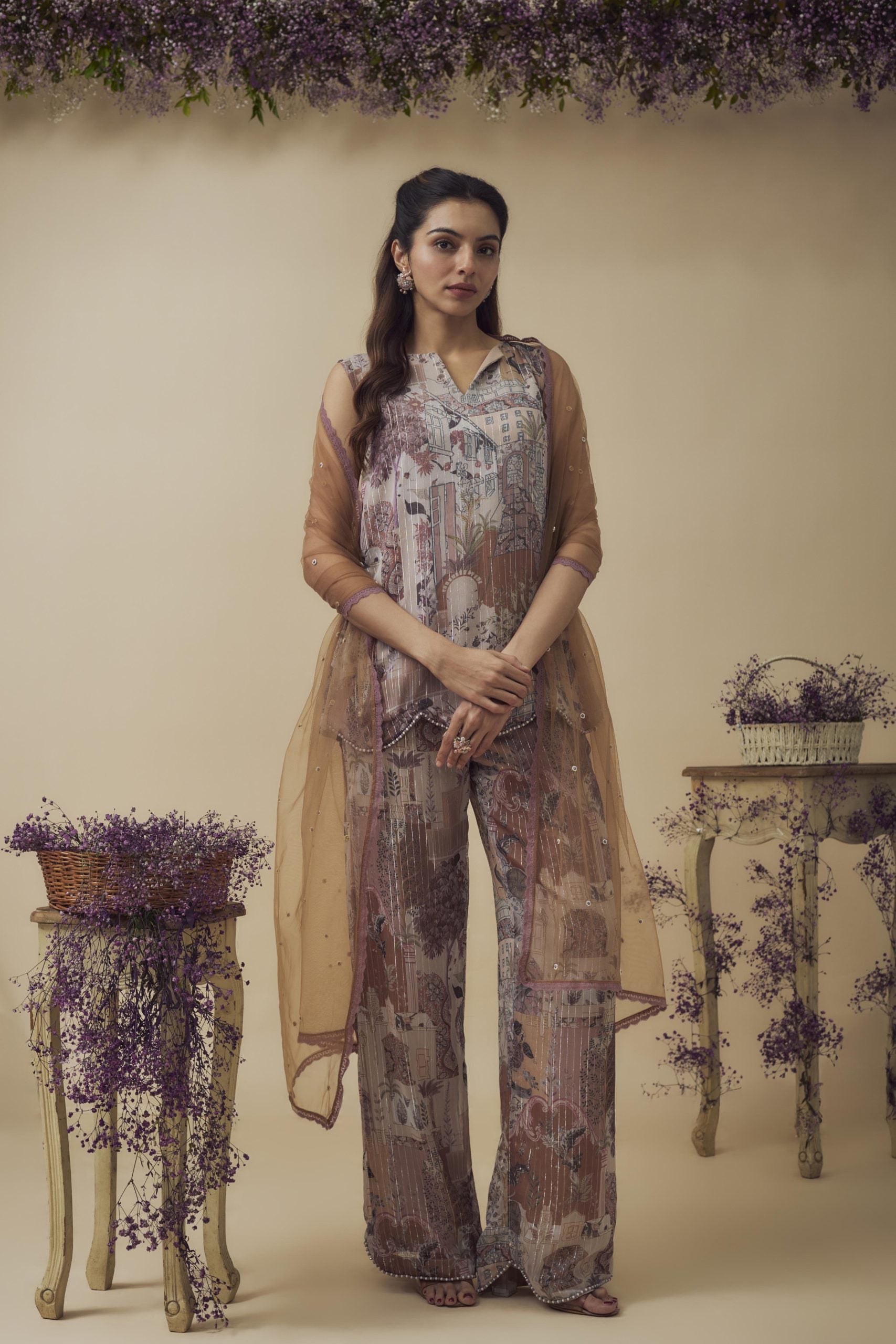 PRINTED CRYSTAL DETAILED TOP-PANT SET