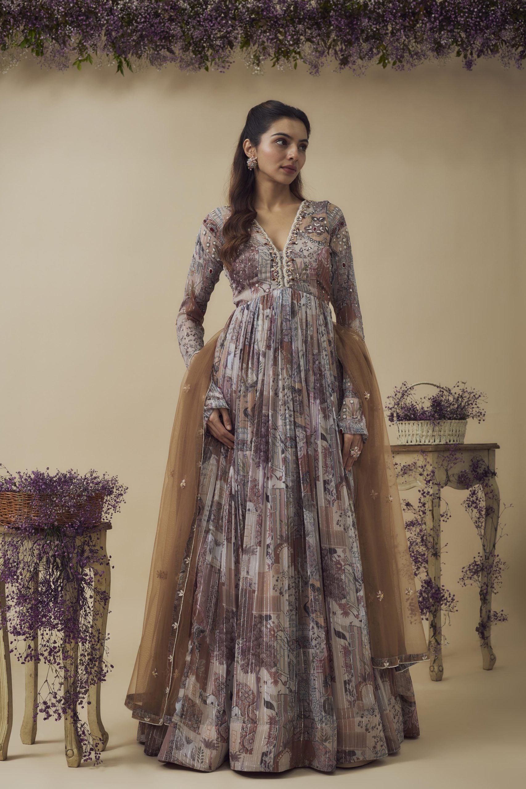 PRINTED HAND EMBROIDERED GOWN SET