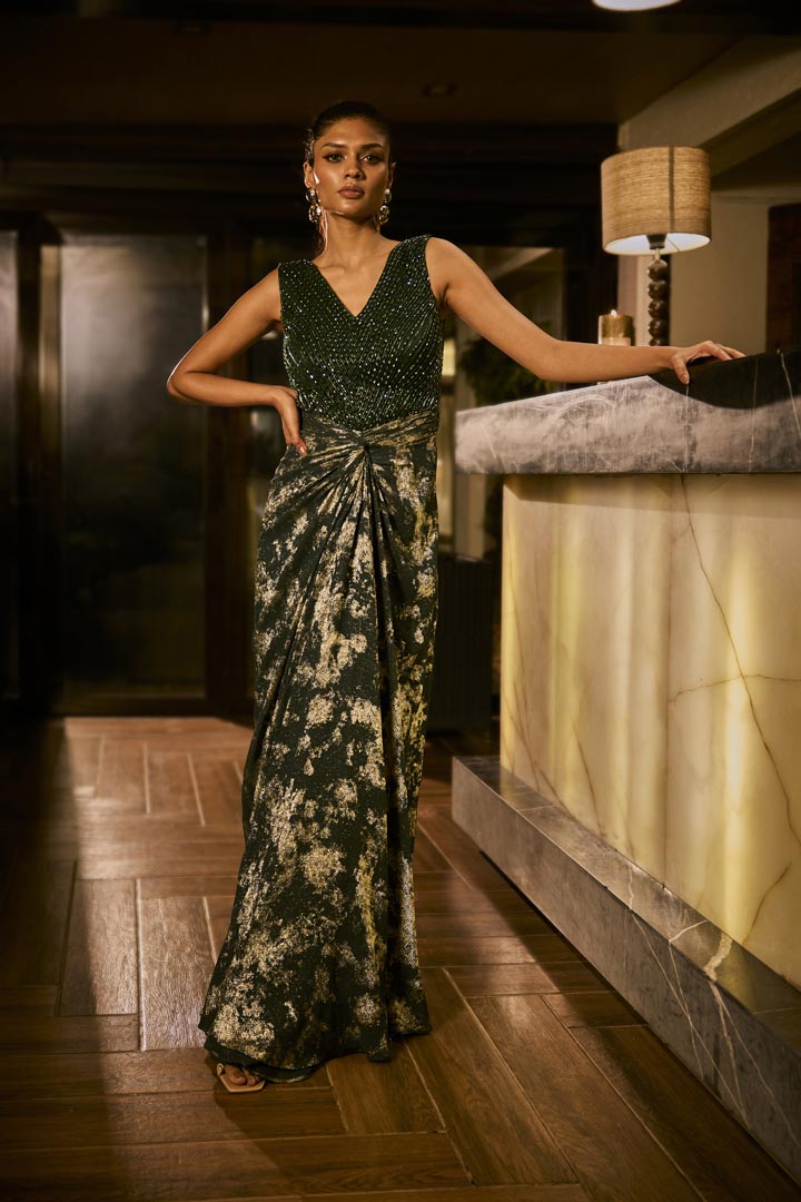 Emerald Green Embellished Gown in Gold Crushed Foil Fabric 6XL Emerald Green Embellished Gown in Gold Crushed Foil Fabric 6XL