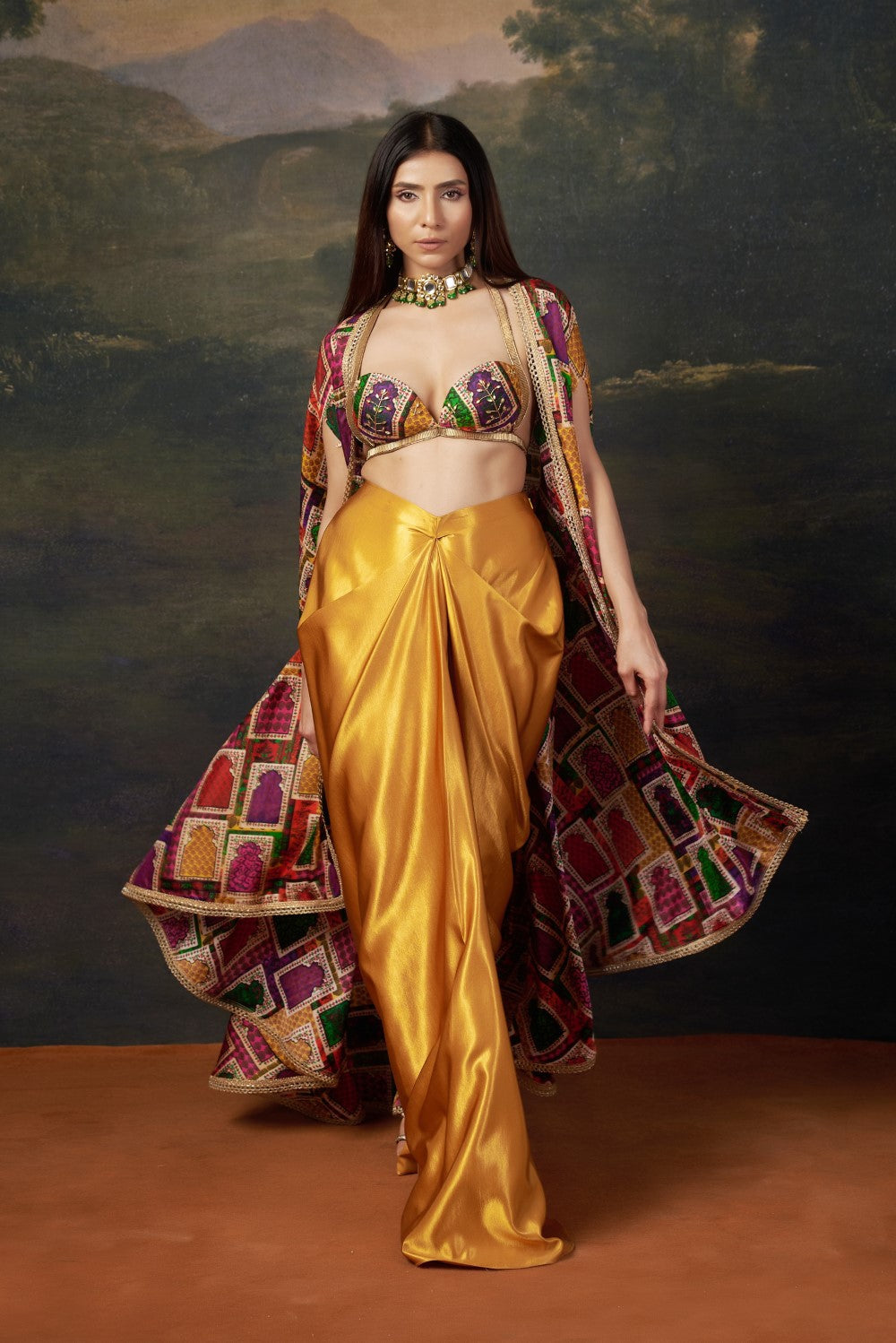Bold Bralette Blouse with Embellished Handwork, Cape Dhoti Set
