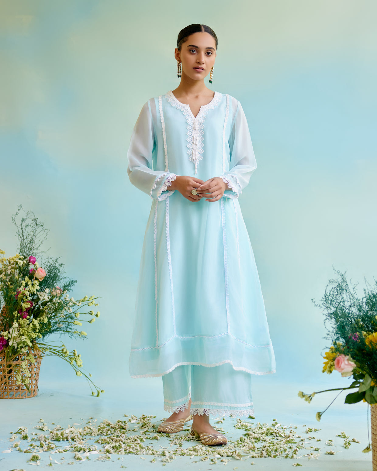 Image of Dreamy Blue Organza Anarkali with 
Silky Modal Wide Leg Pants