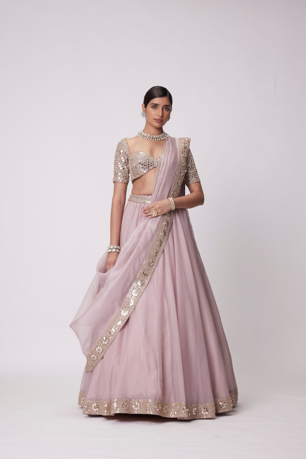 Image of ASH PINK FLOWER BORDER ORGANZA LEHENGA SET