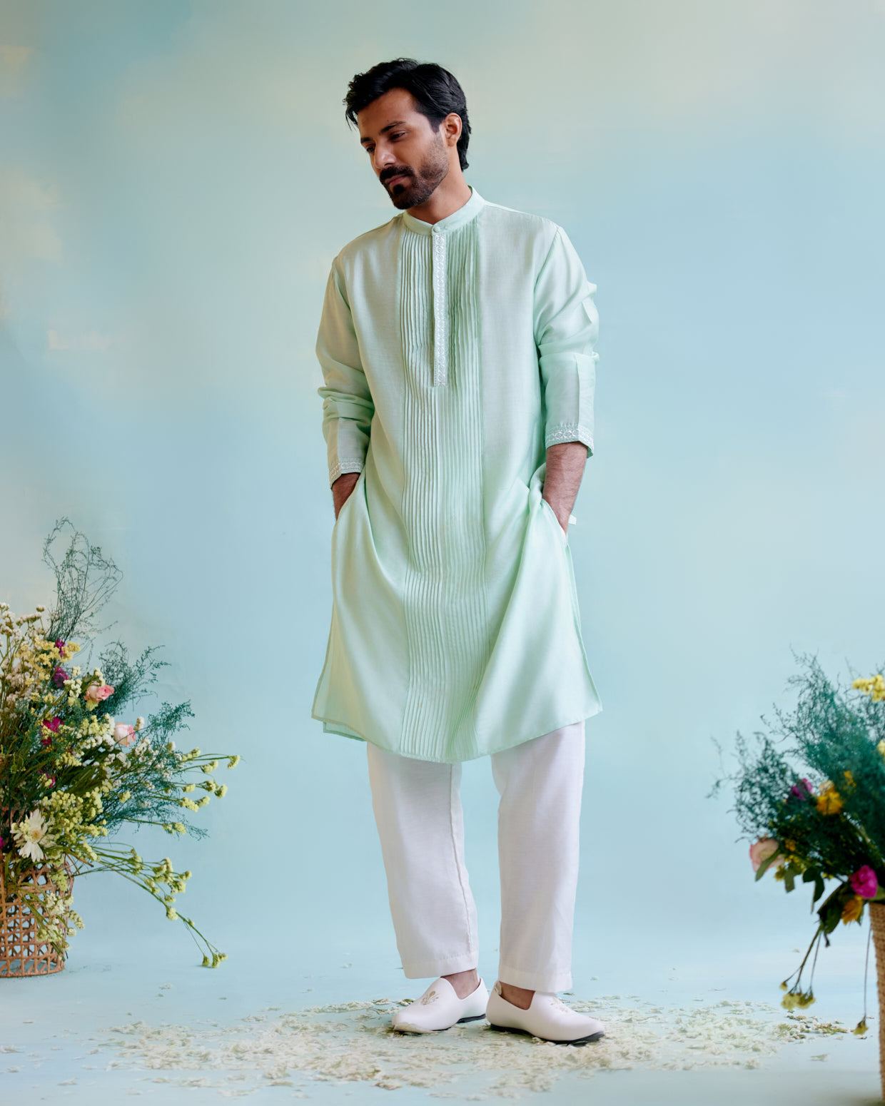 Image of Minty Dream Chanderi Pintuck Embroidered kurta