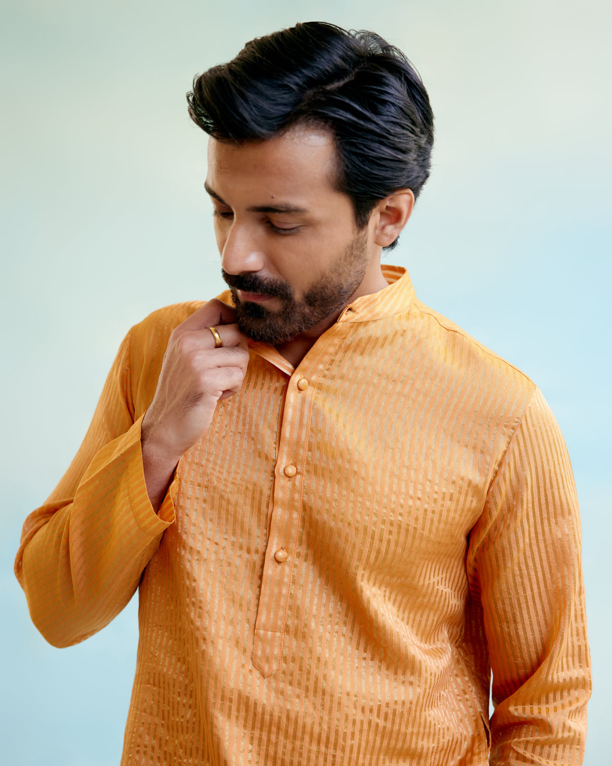 Image of Marigold Petal Crushed 
Stripe Tissue Kurta