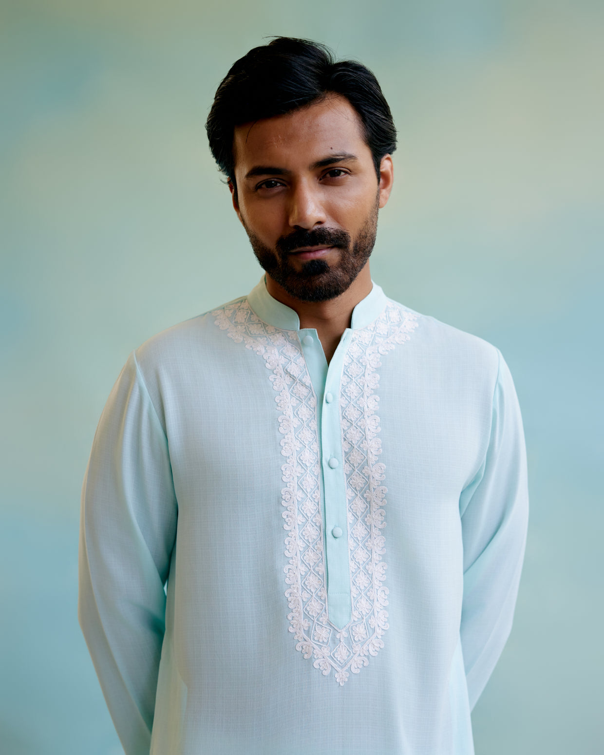 Image of Dreamy Blue Linen Georgette 
 Dori Kurta