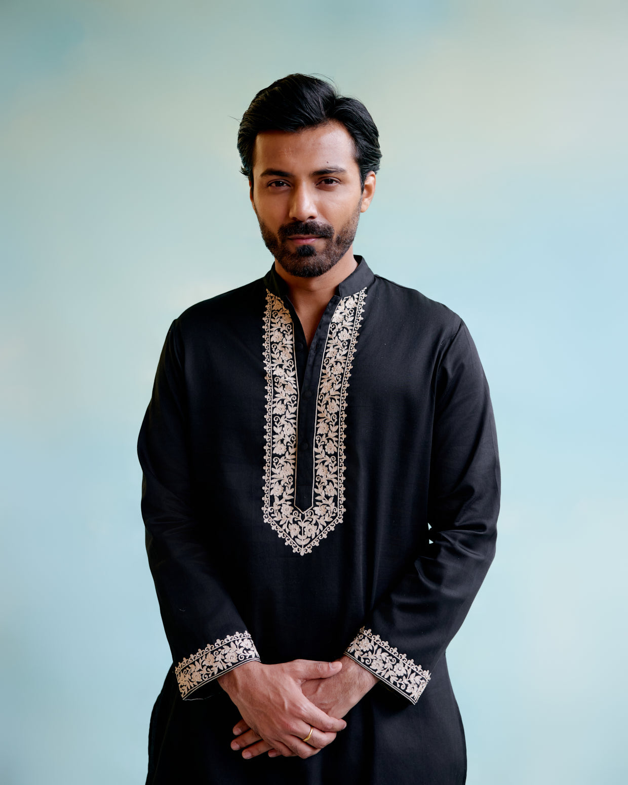 Image of Black Muslin Floral 
Embroidered Kurta
