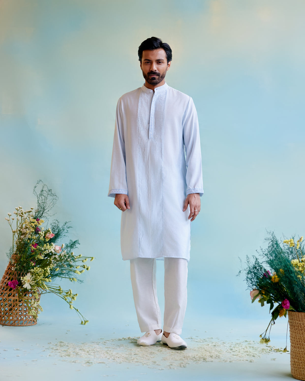 Image of Blue Breeze Chanderi Pintuck Embroidered kurta 
with Chanderi Narrow Pants