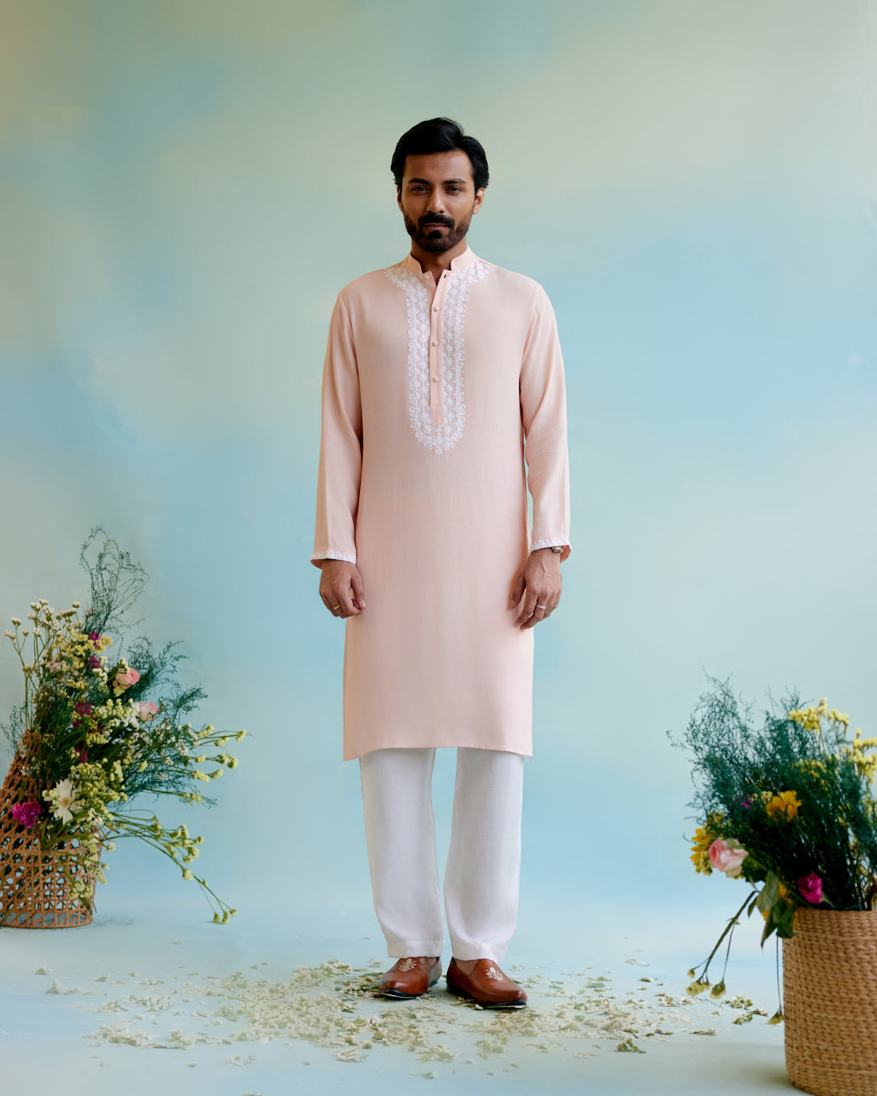 Image of Blush Blossom Linen Georgette 
 Dori Kurta with Pure Cotton Narrow Pants