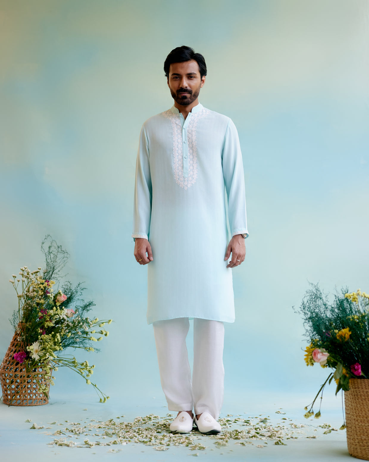 Image of Dreamy Blue Linen Georgette 
 Dori Kurta with Pure Cotton Narrow Pants