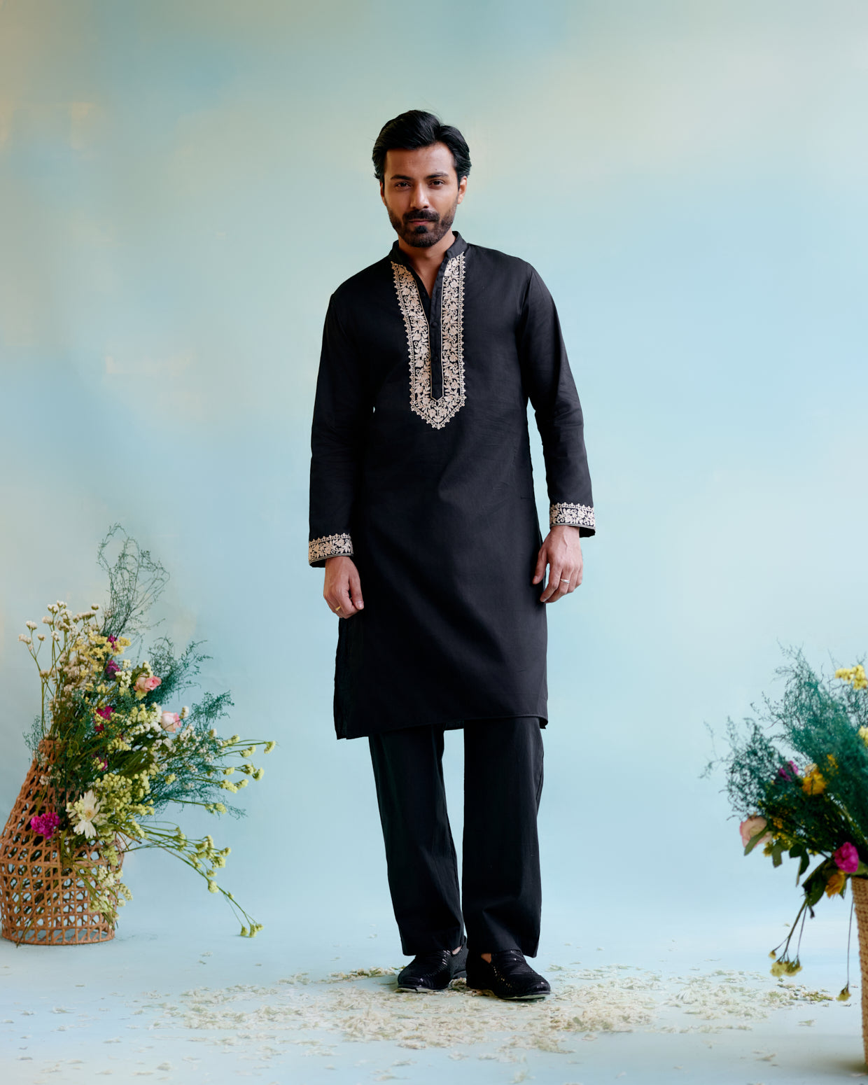 Image of Black Muslin Embroidered Kurta with 
Pure Cotton Narrow Pants