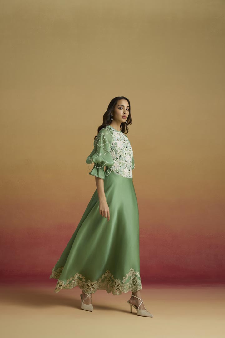 Sage Green Silk Organza Flounce Dress - Elegant Evening Wear 3XL Sage Green Silk Organza Flounce Dress - Elegant Evening Wear 3XL