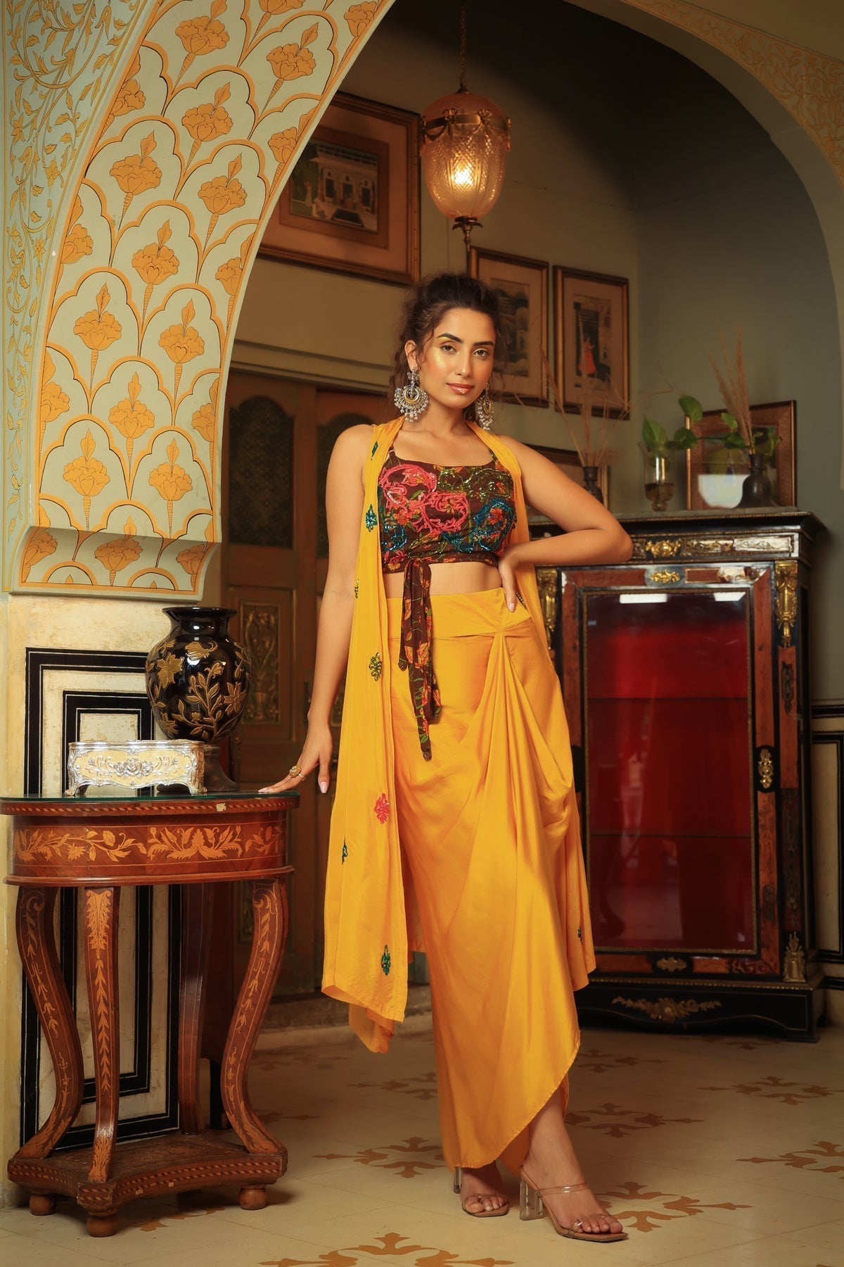 Image of Dilruba coco brown yellow rangeen sitara tie up top with drape skirt cape set