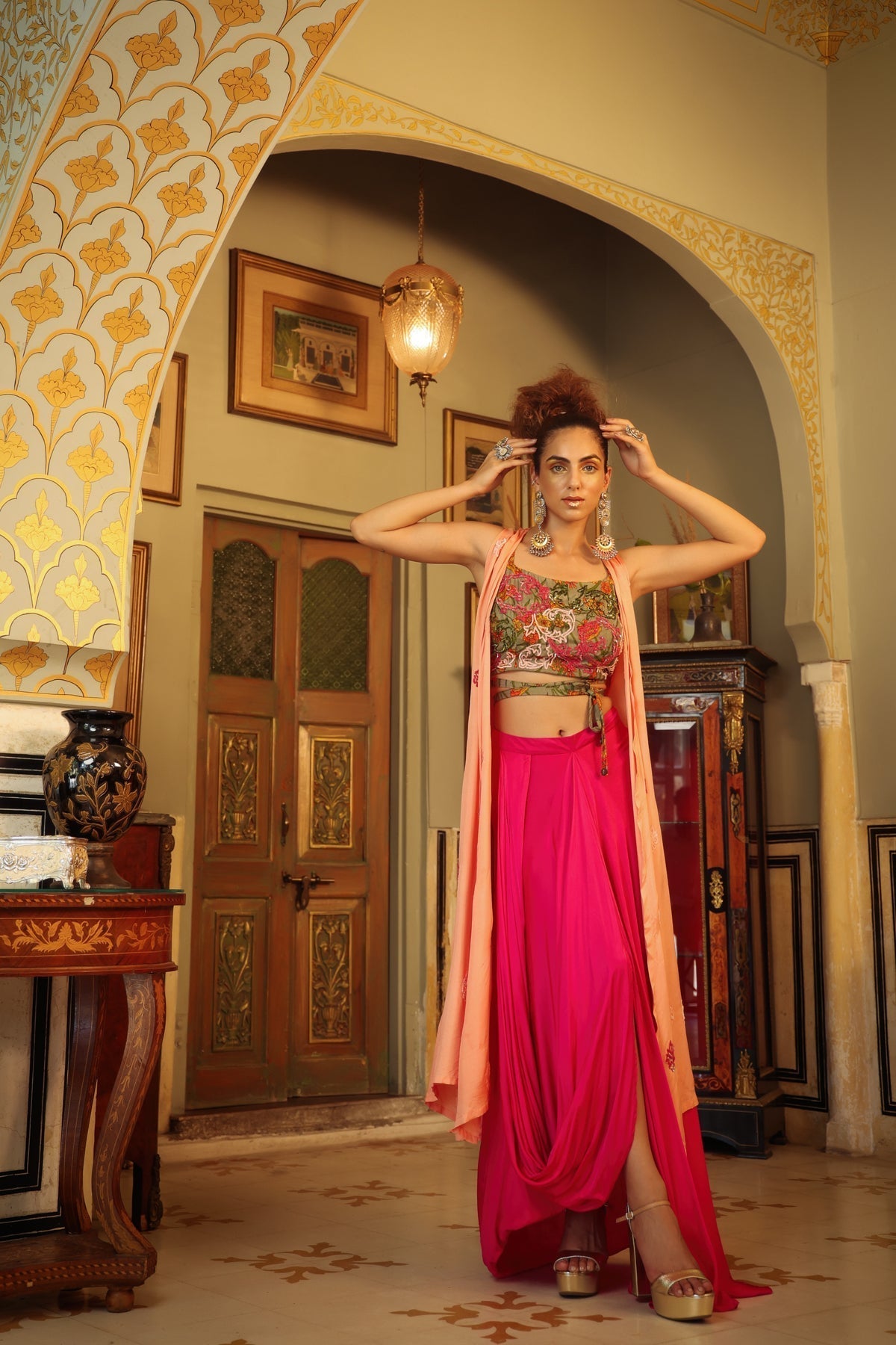 Image of Dilruba sage green peach hot pink rangeen sitara tie up top with drape skirt and cape set