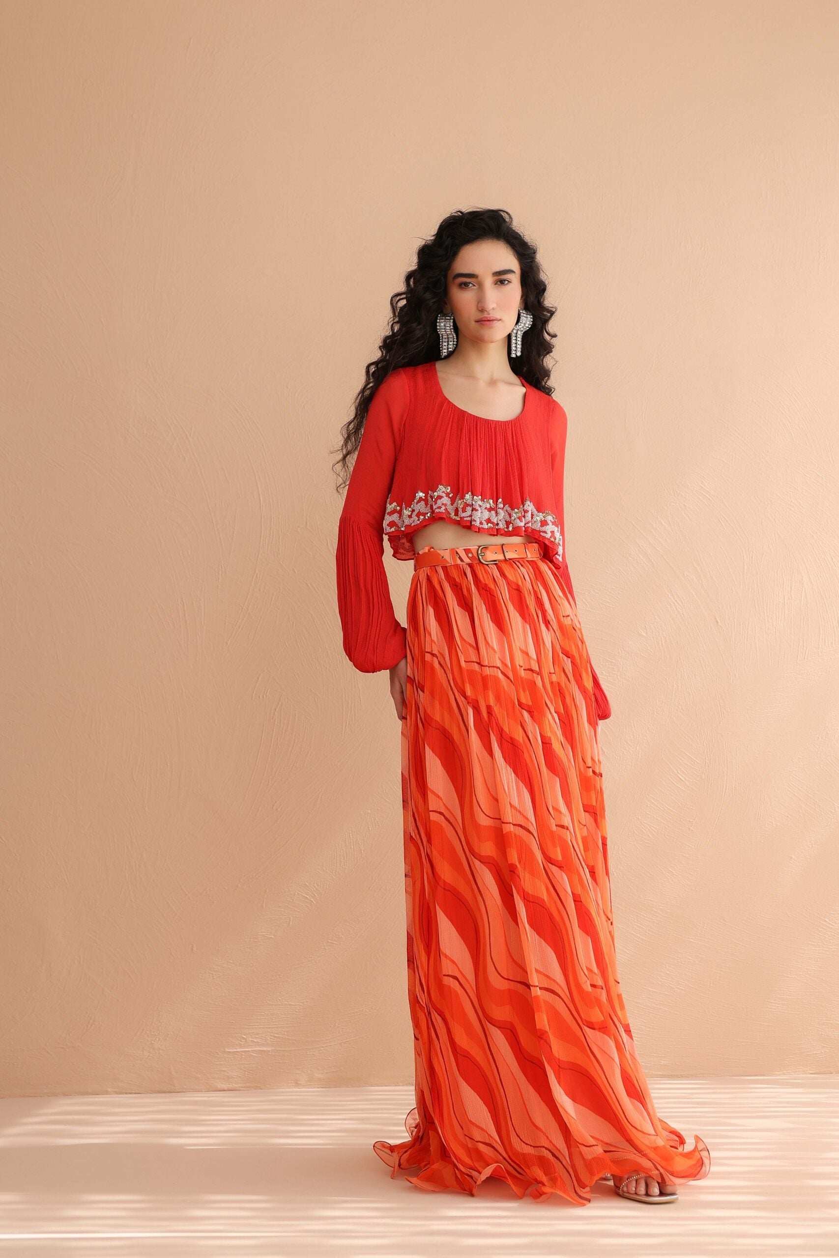 Coral Collar Boho Top with  Lehar Print Skirt Set