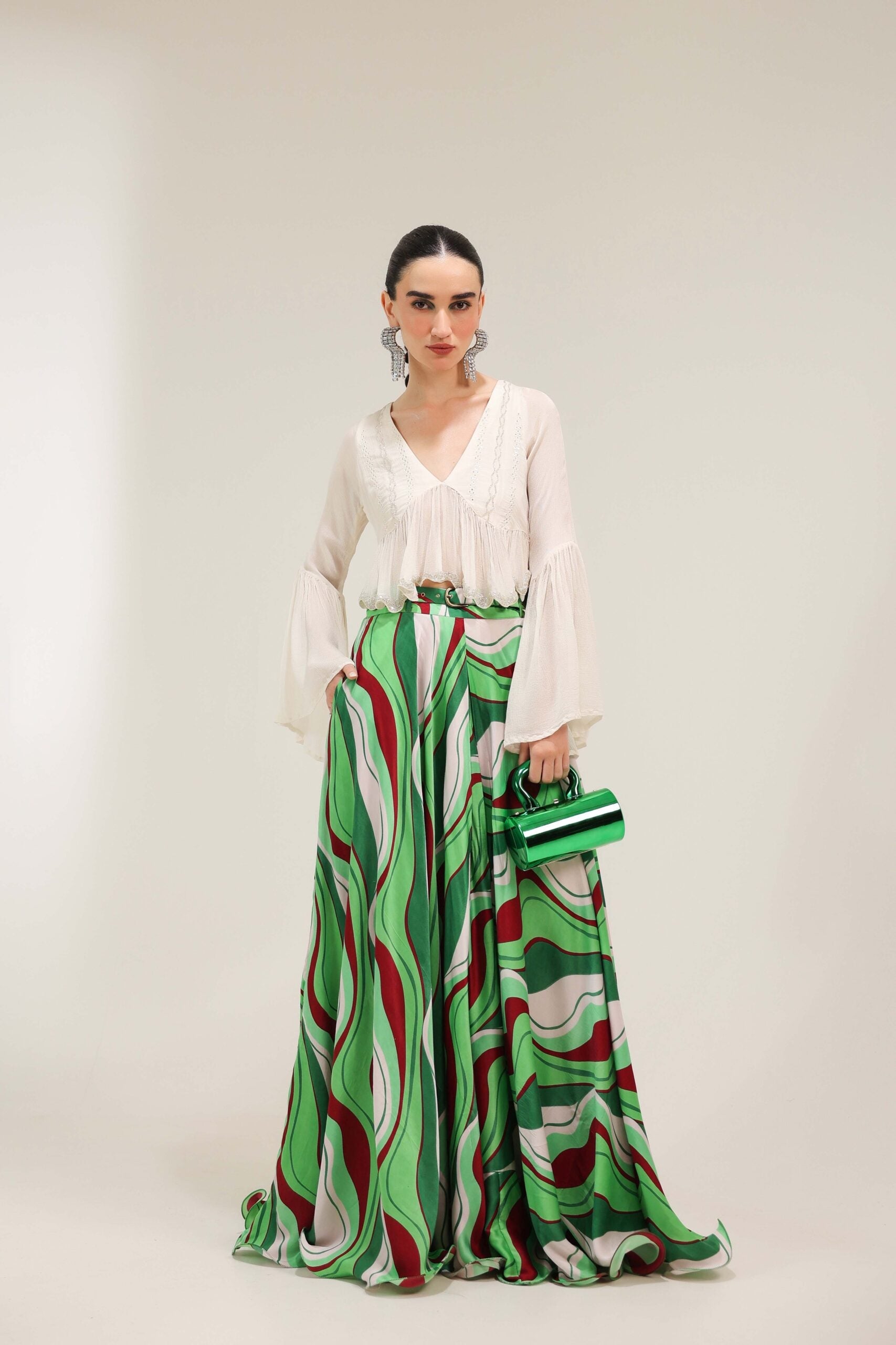Ivory Sand Boho Top with Forest Green Lehar Print skirt set