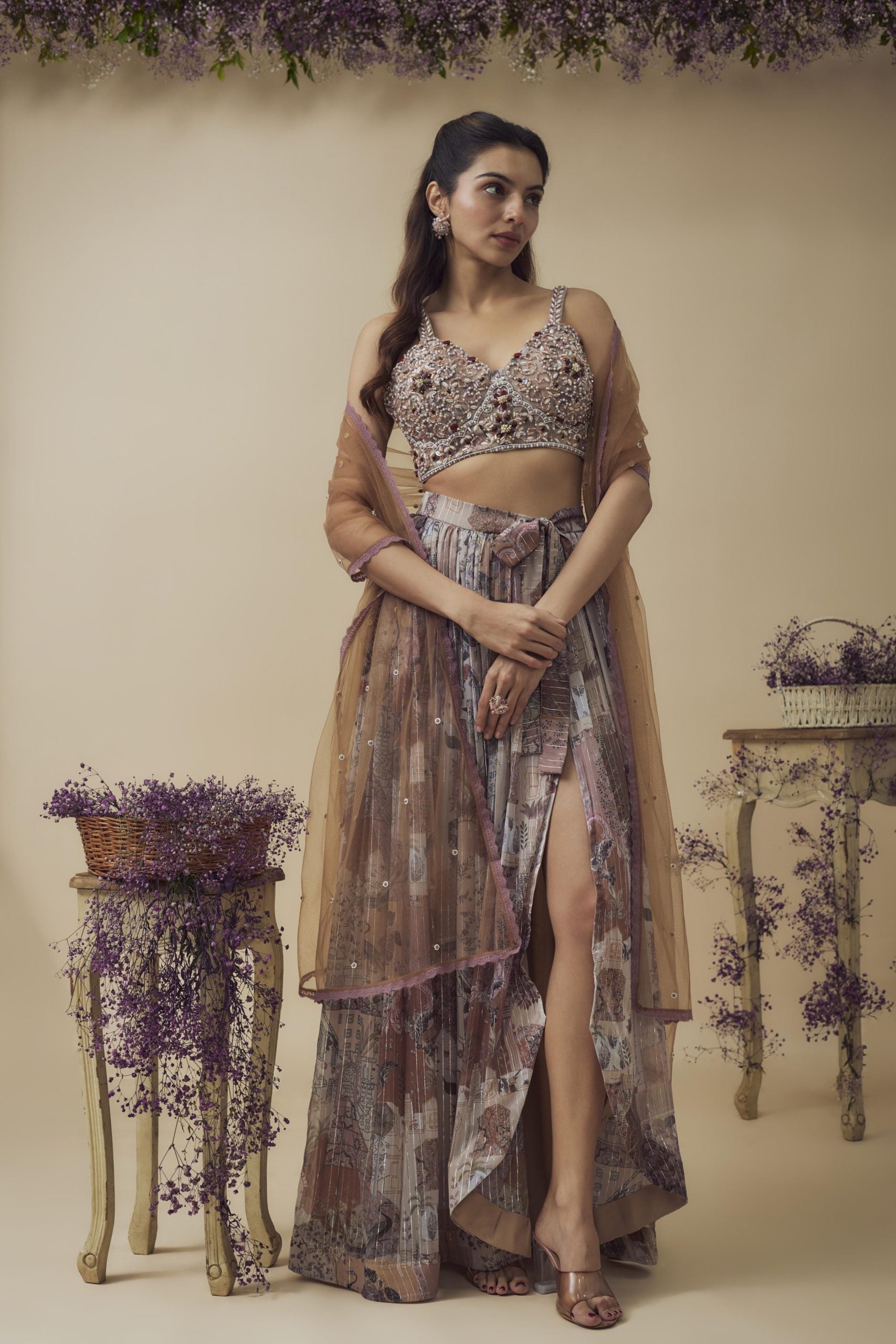 PRINTED LUREX HAND EMBROIDERED SKIRT SET