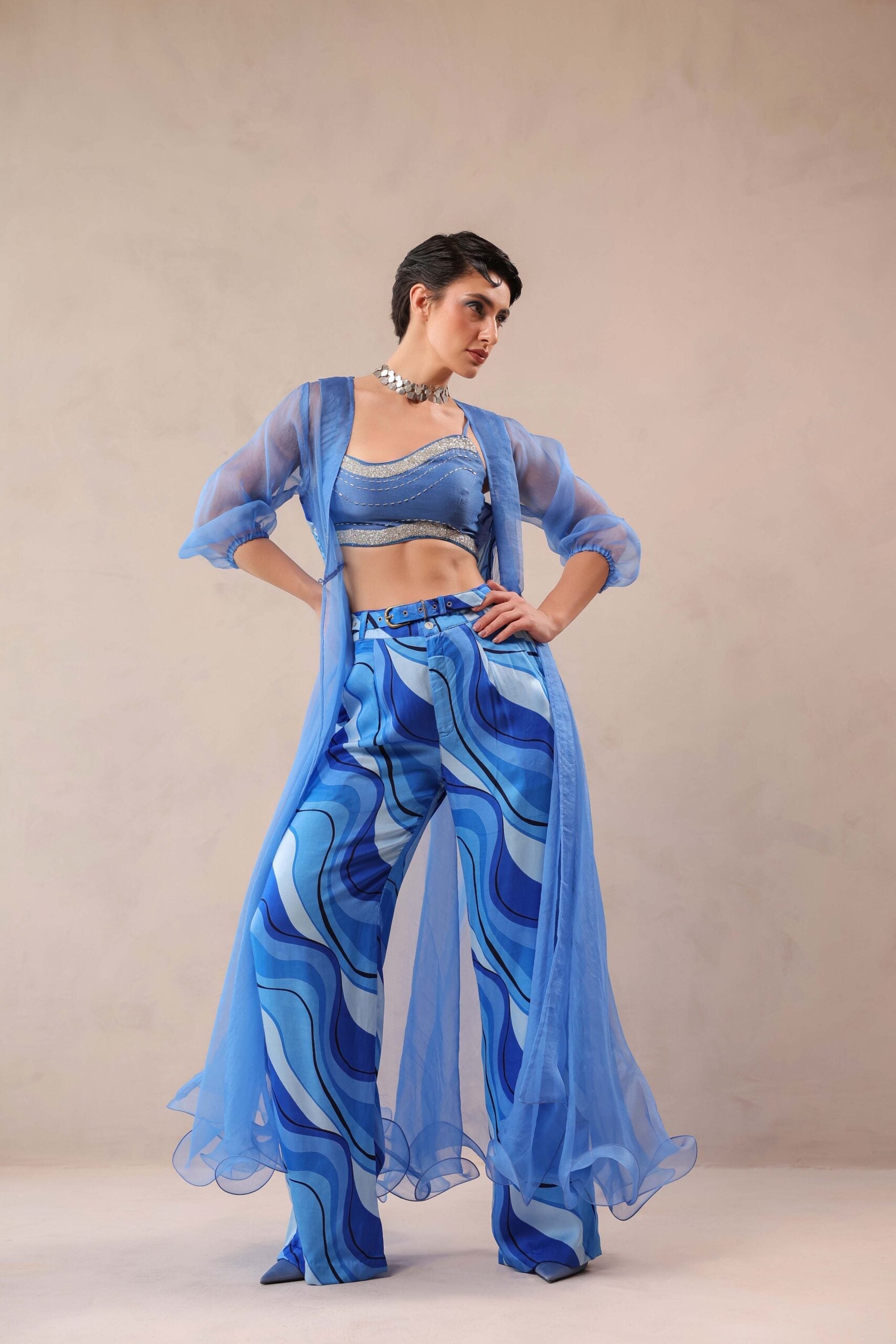 Ocean Blue sheer jacket & tide bling top with Atlantic Blue lehar Print  pant set