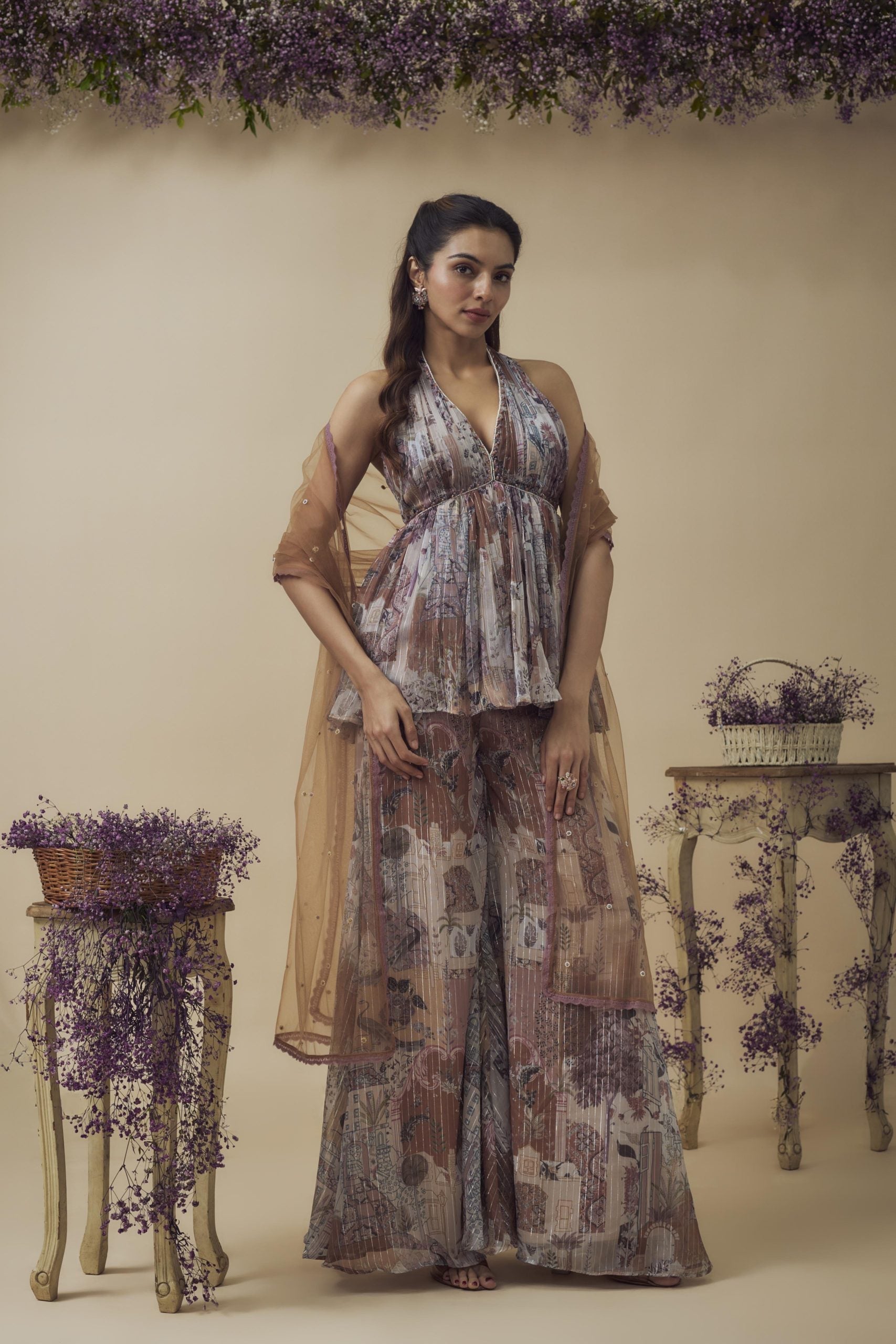 PRINTED LUREX STONE EMBELLISHED PALAZZO SET