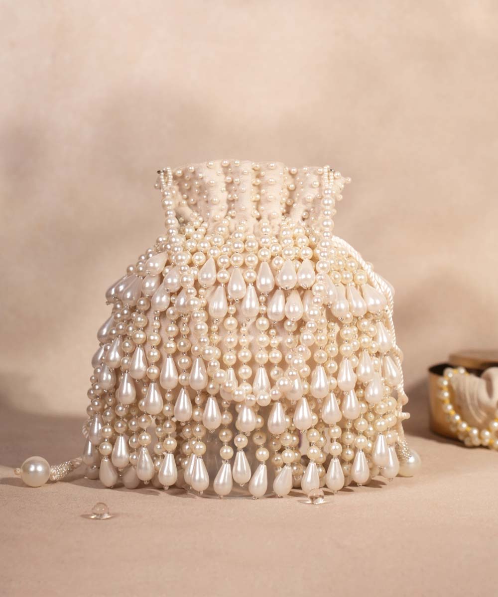 Zarah Ivory Pearl Suede Embellished Potli