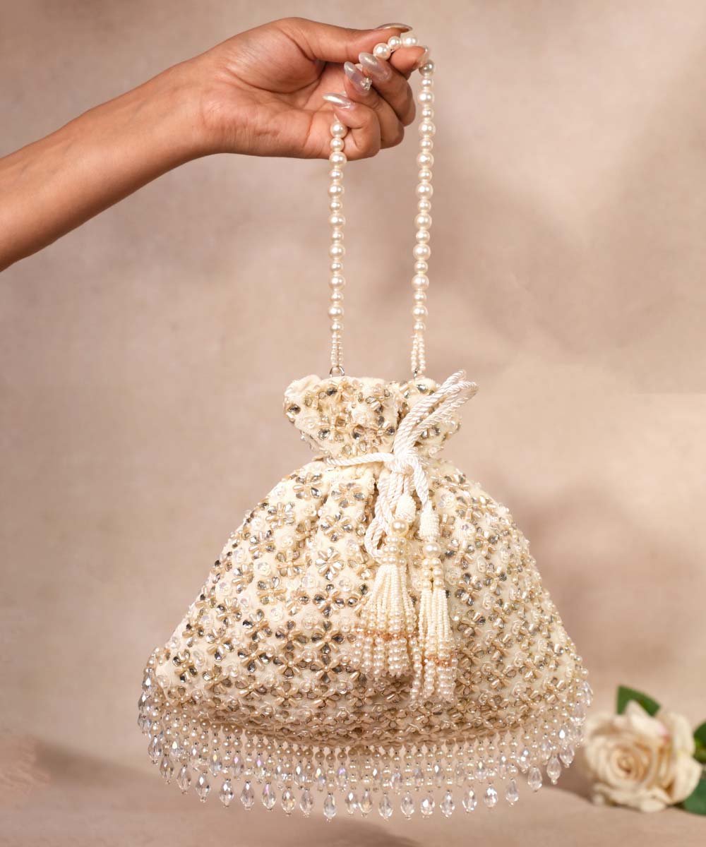 Aafreen Ivory Suede Kundan Embellished Potli