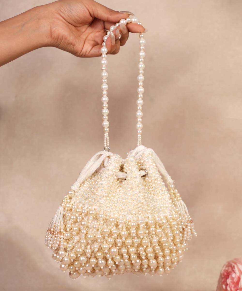 Zeba Ivory Suede Pearl Embellished Potli