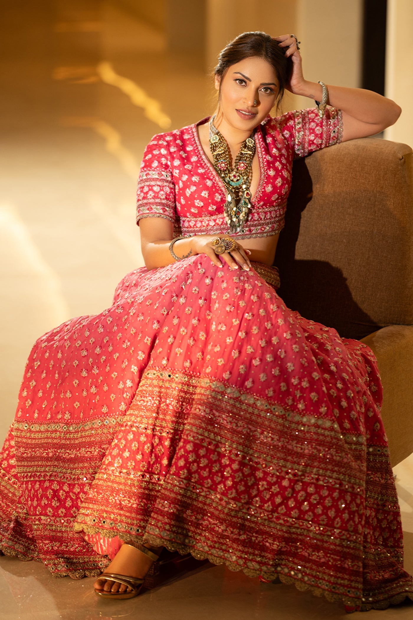 Hand-Embroidered Pure Silk-Organza Ombre Jazzy-Pink Lehenga-Set