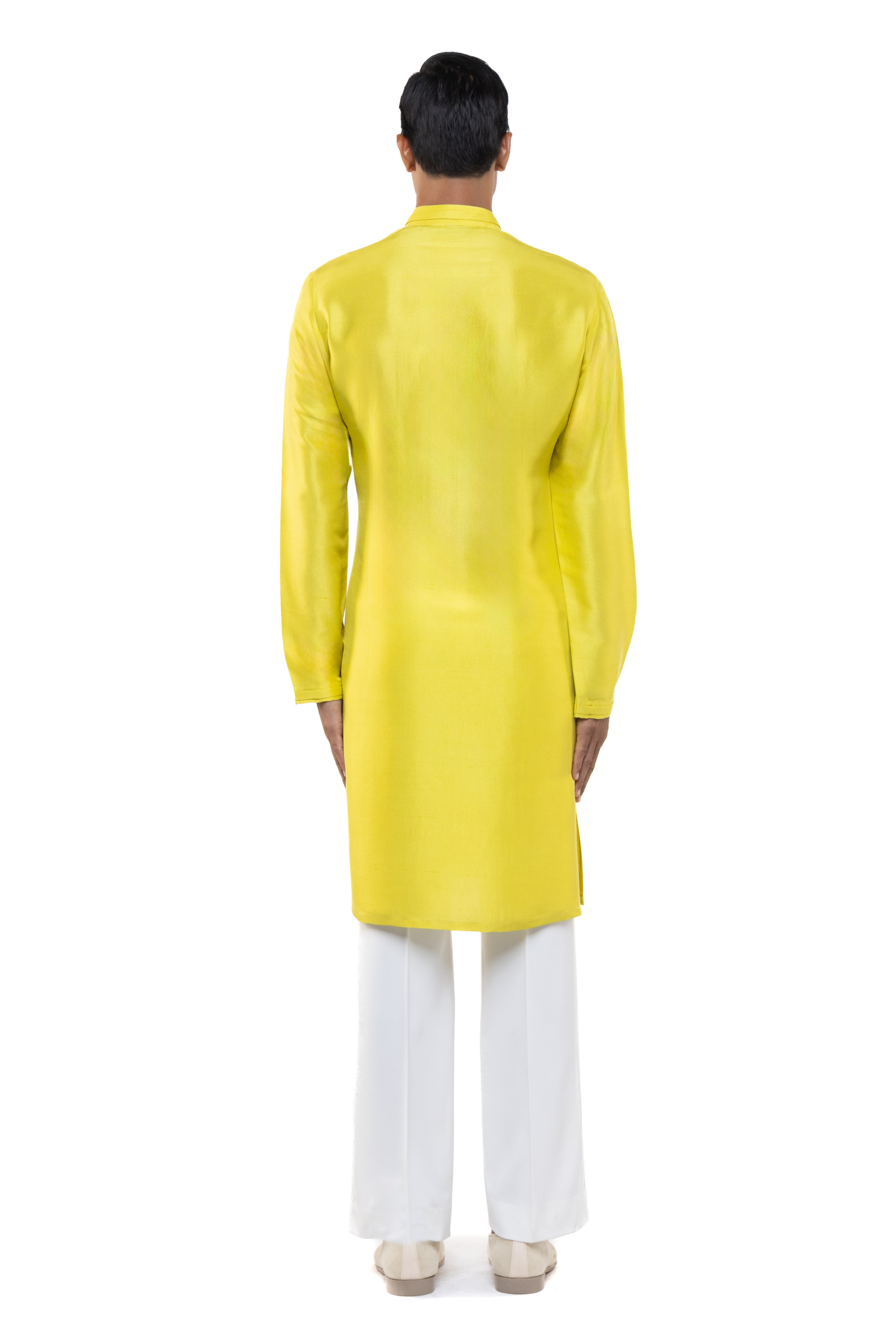 Yellow Silk Pleated Placket Kurta Set