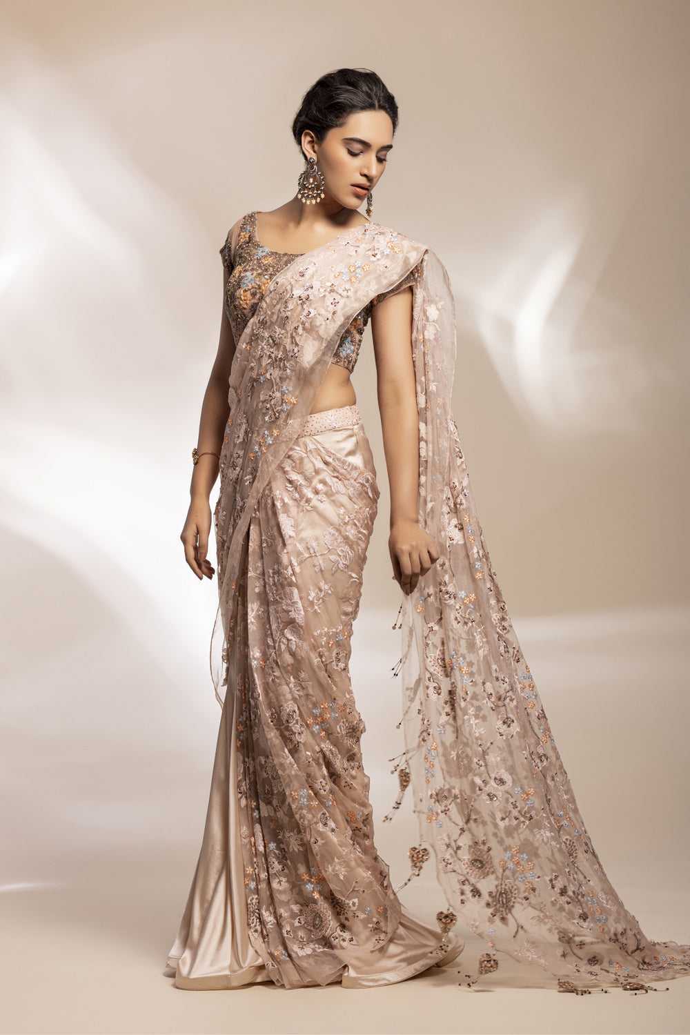 Floral Embroidered Organza Saree With Crystal Belt And Fishtail Skirt - Auraya Fashion