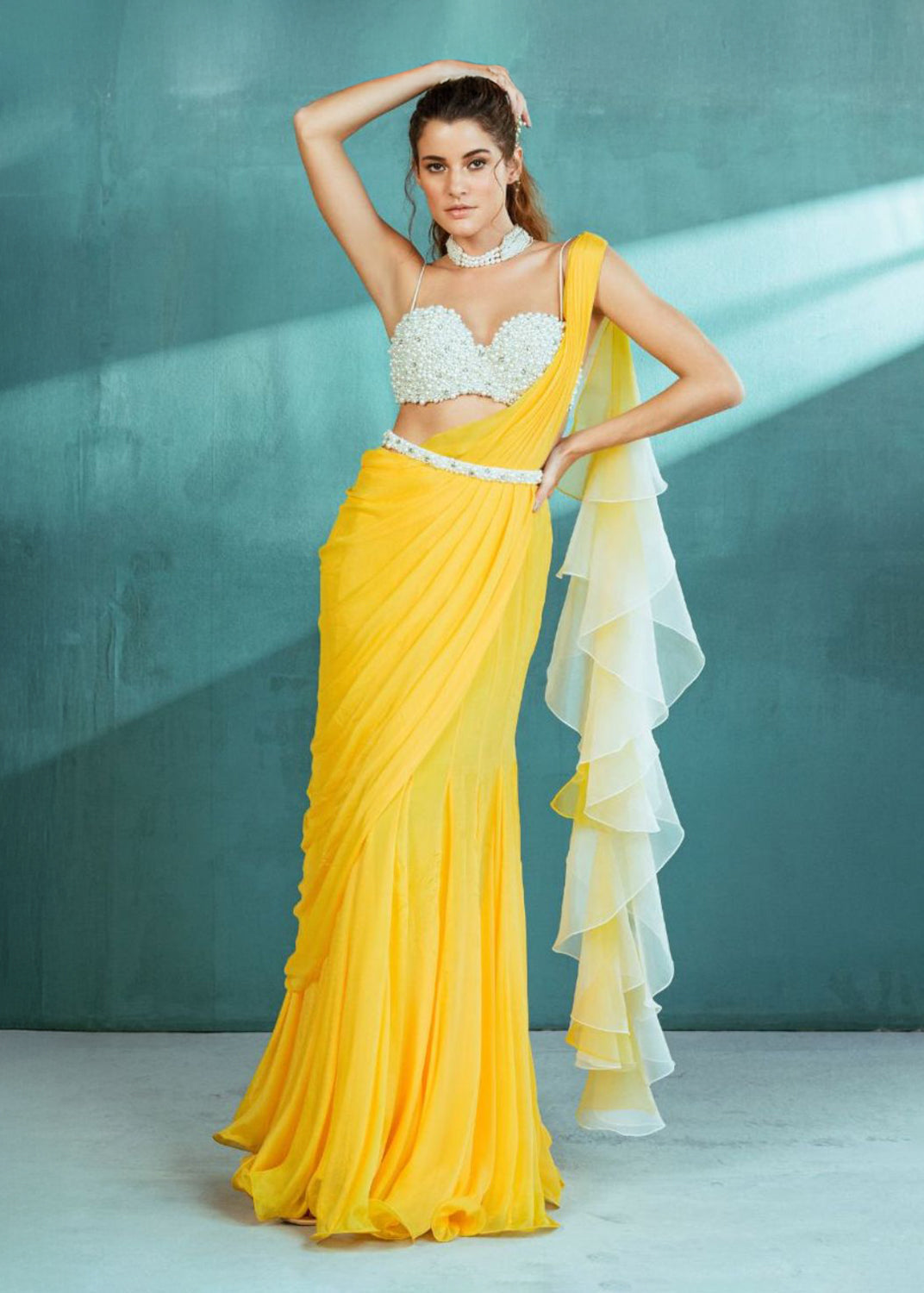 Yellow Chiffon Draped Saree Set
