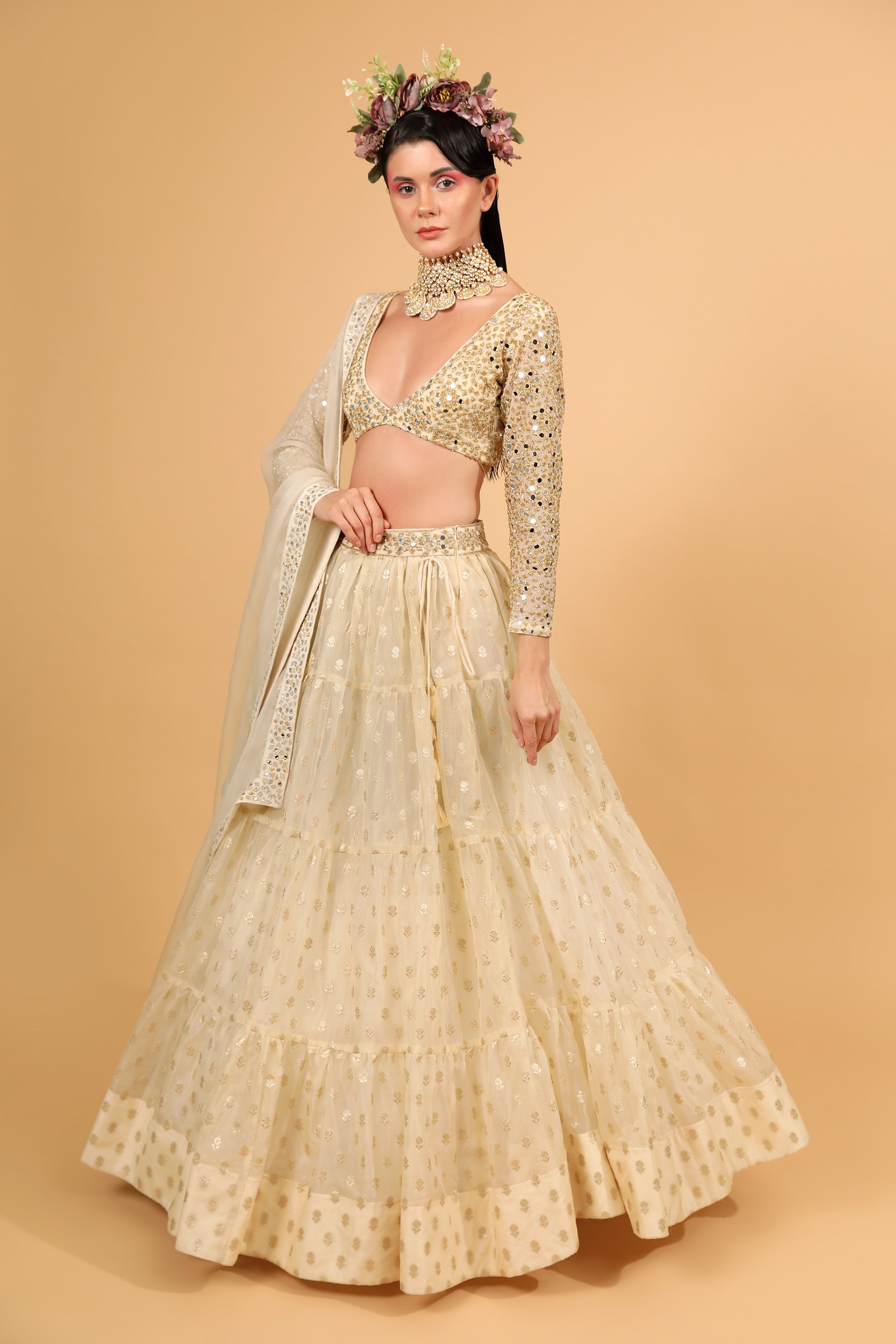 Ivory banarasi organza lehenga set