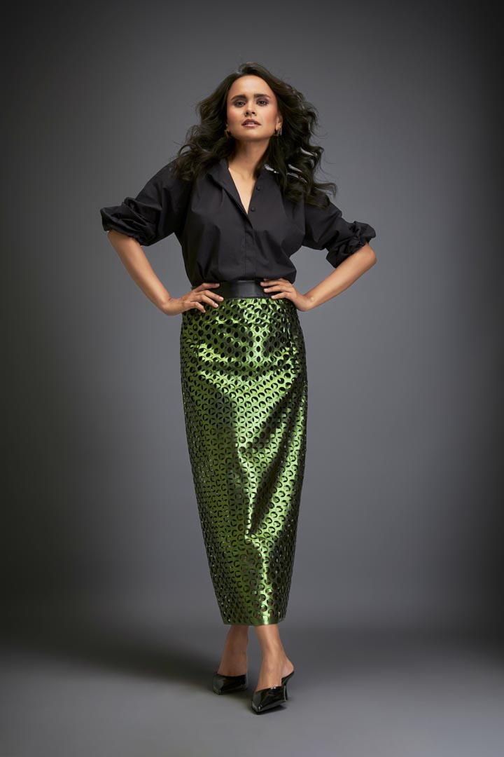 Metallic Skirt With Geometric Cutout Detailing
