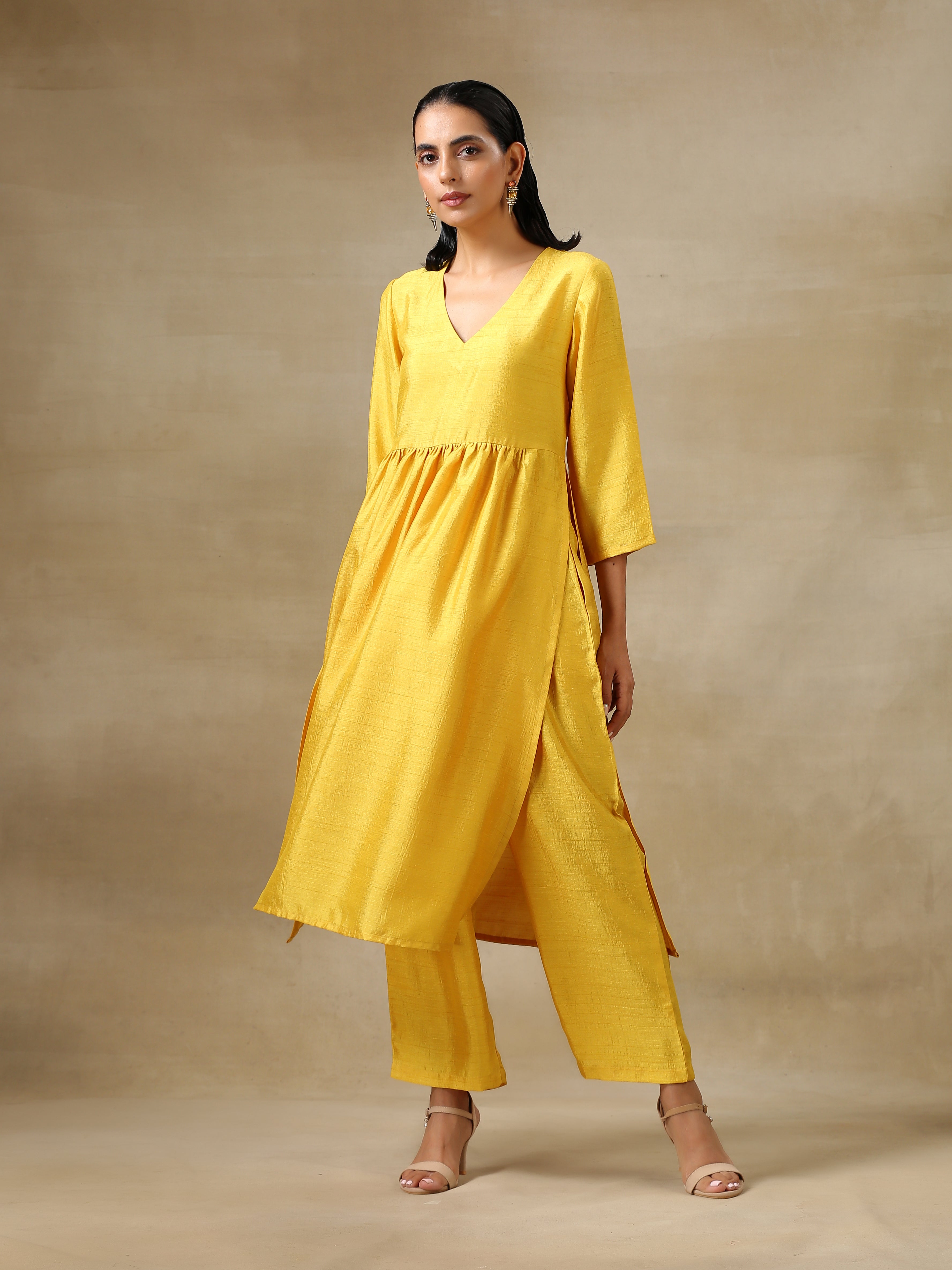Yellow Textured Silk High Slit Gathered Kurta Set
