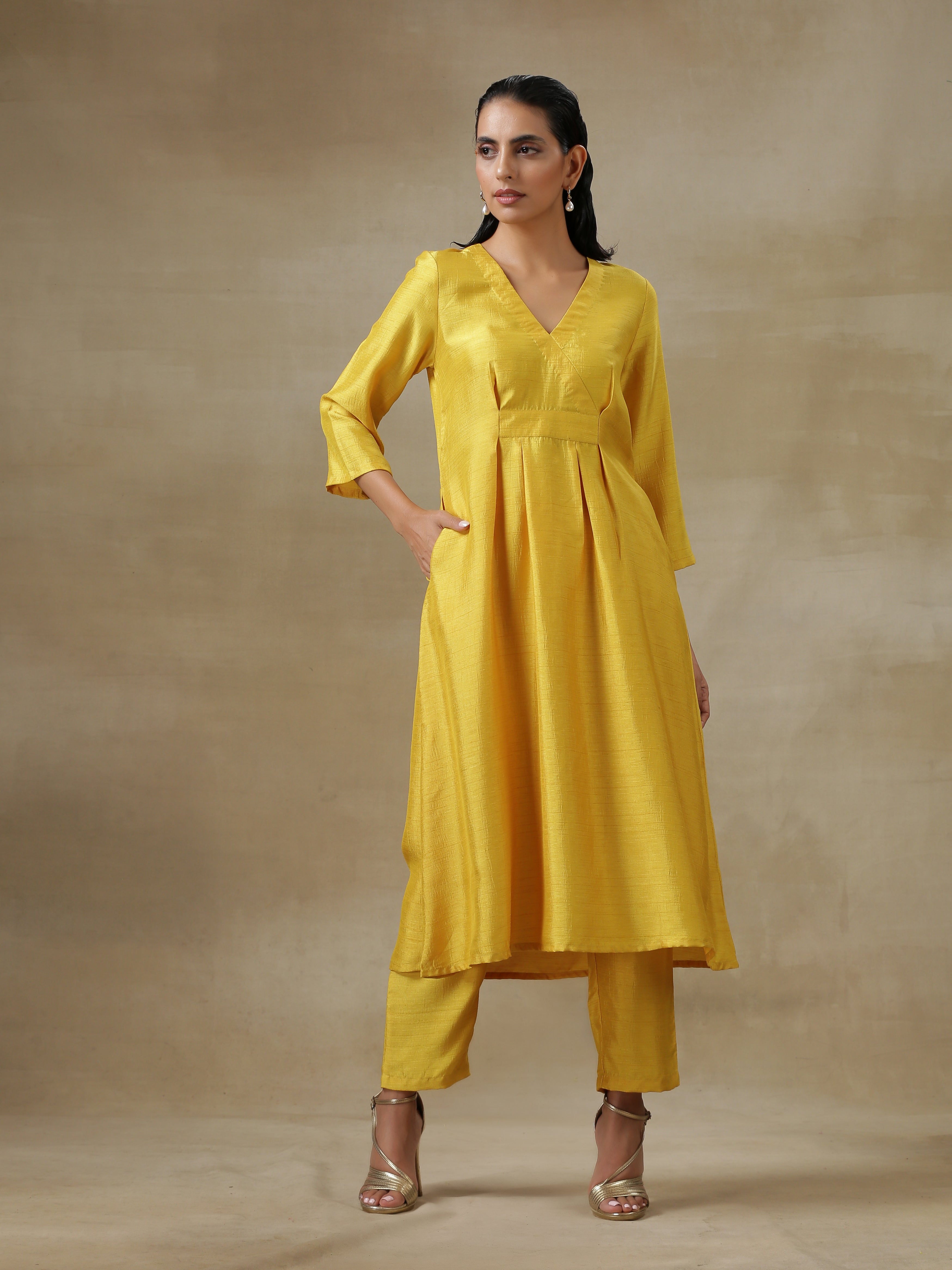 Yellow Textured Silk Overlap Pleat Kurta Pant Set