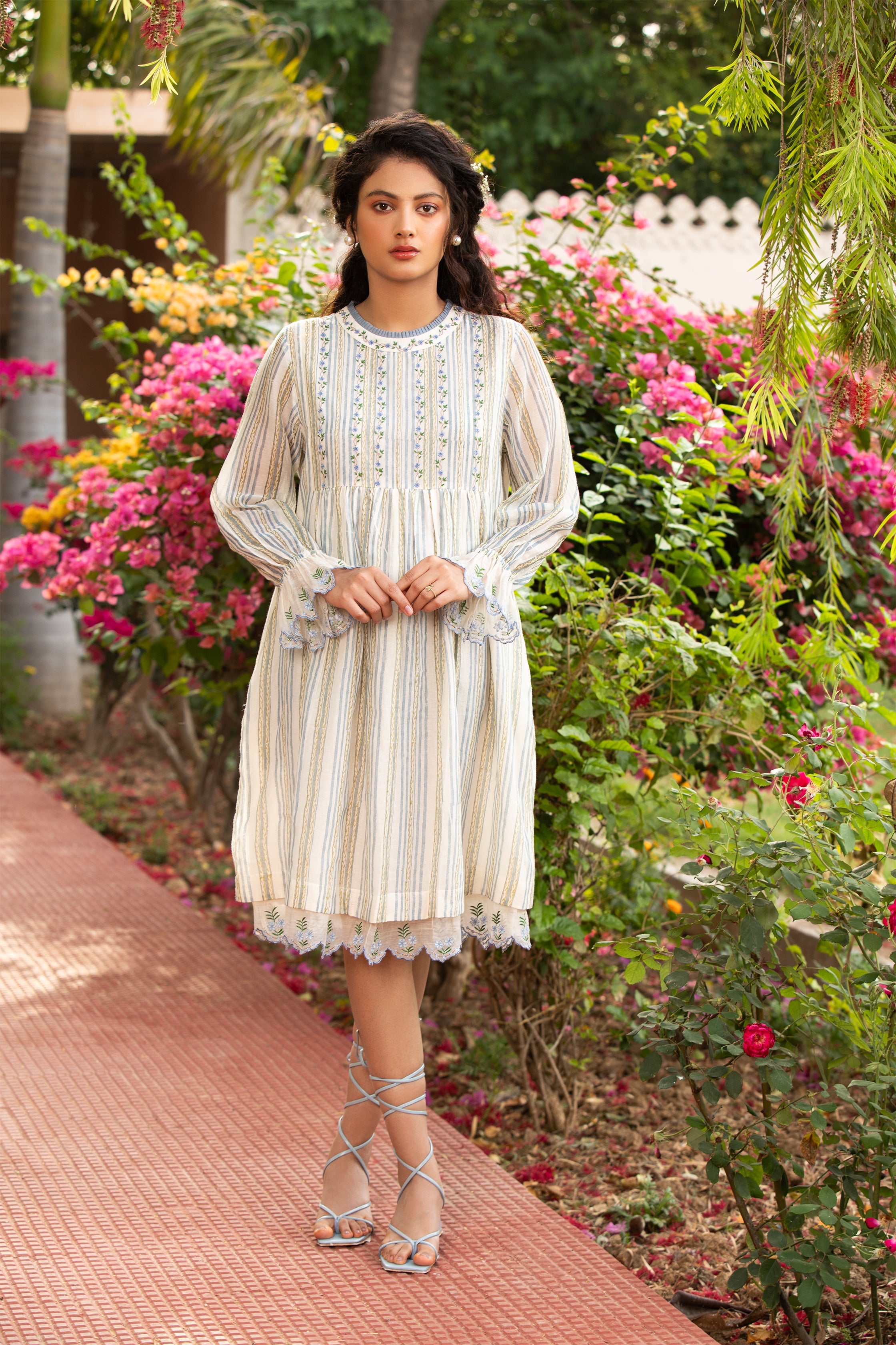 Short Frill Dress in Off White with Embroidered Yoke and Sleeves XS Short Frill Dress in Off White with Embroidered Yoke and Sleeves XS