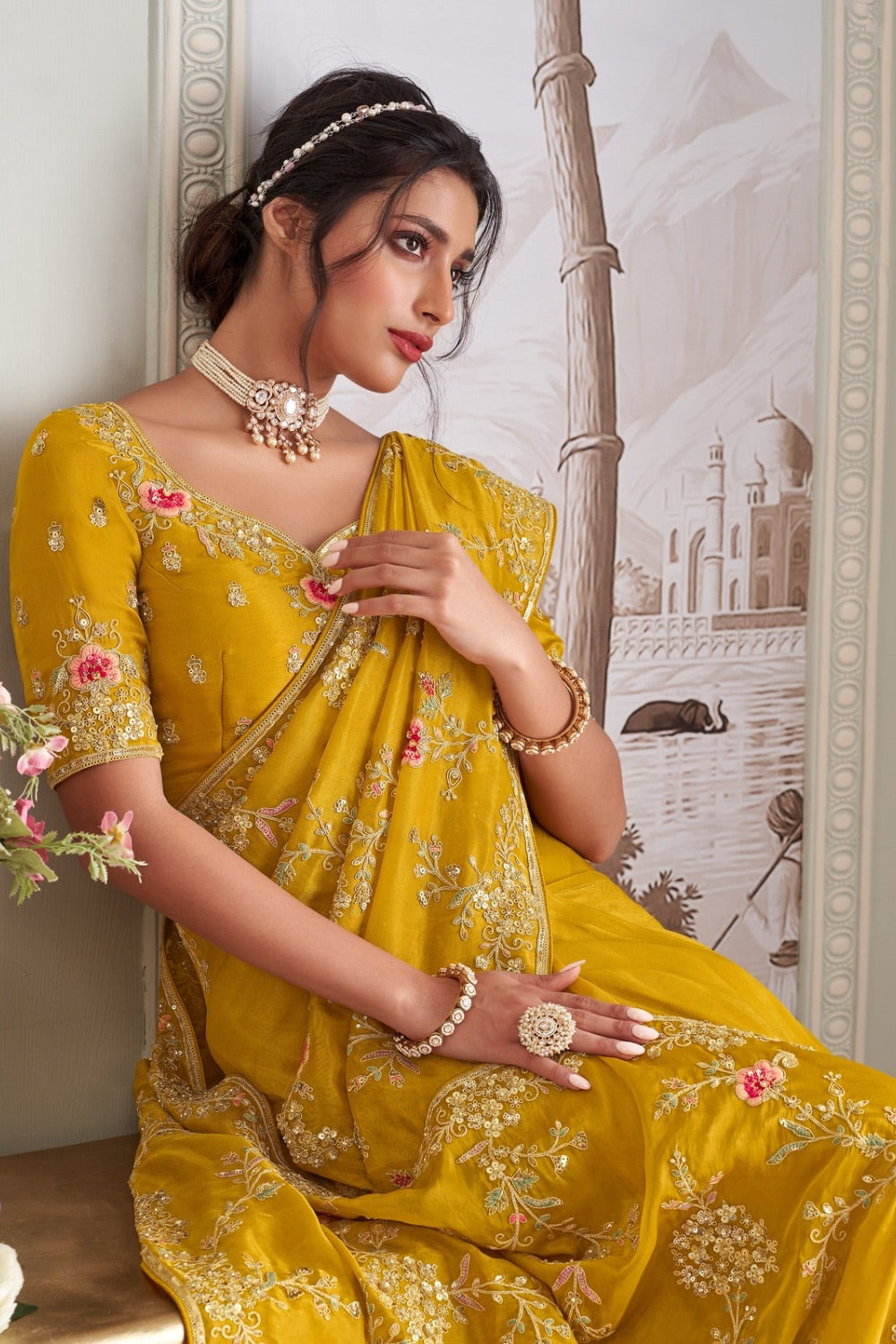 Bright yellow organza silk saree with unstitched blouse – Auraya
