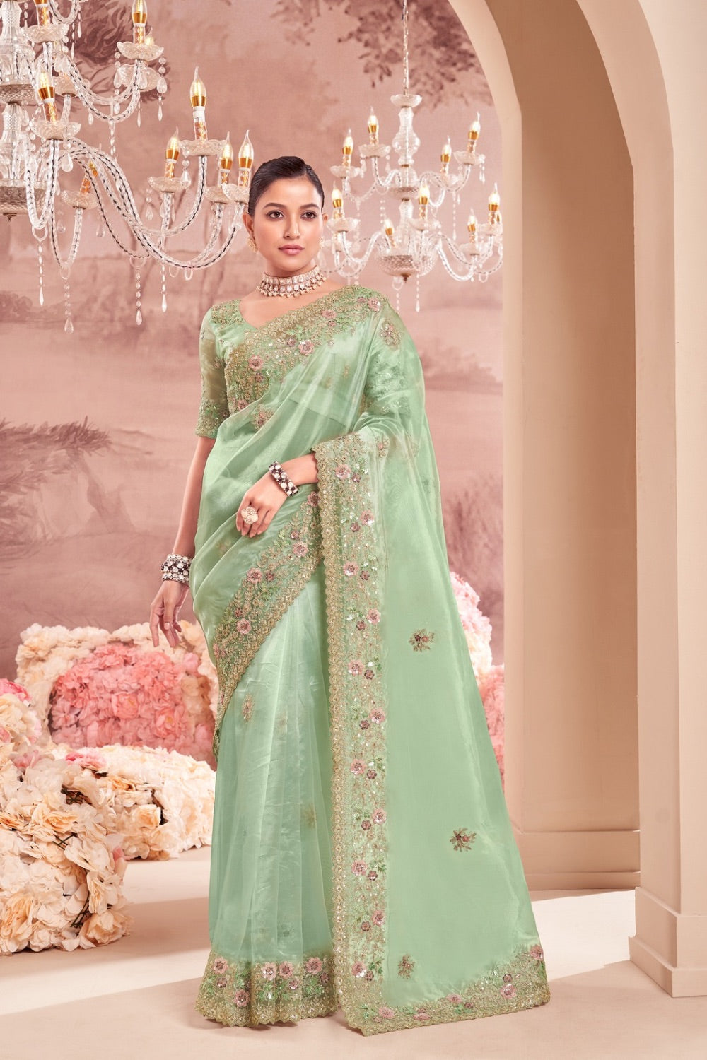 Sea green soft silk saree with matching unstitched blouse – Auraya