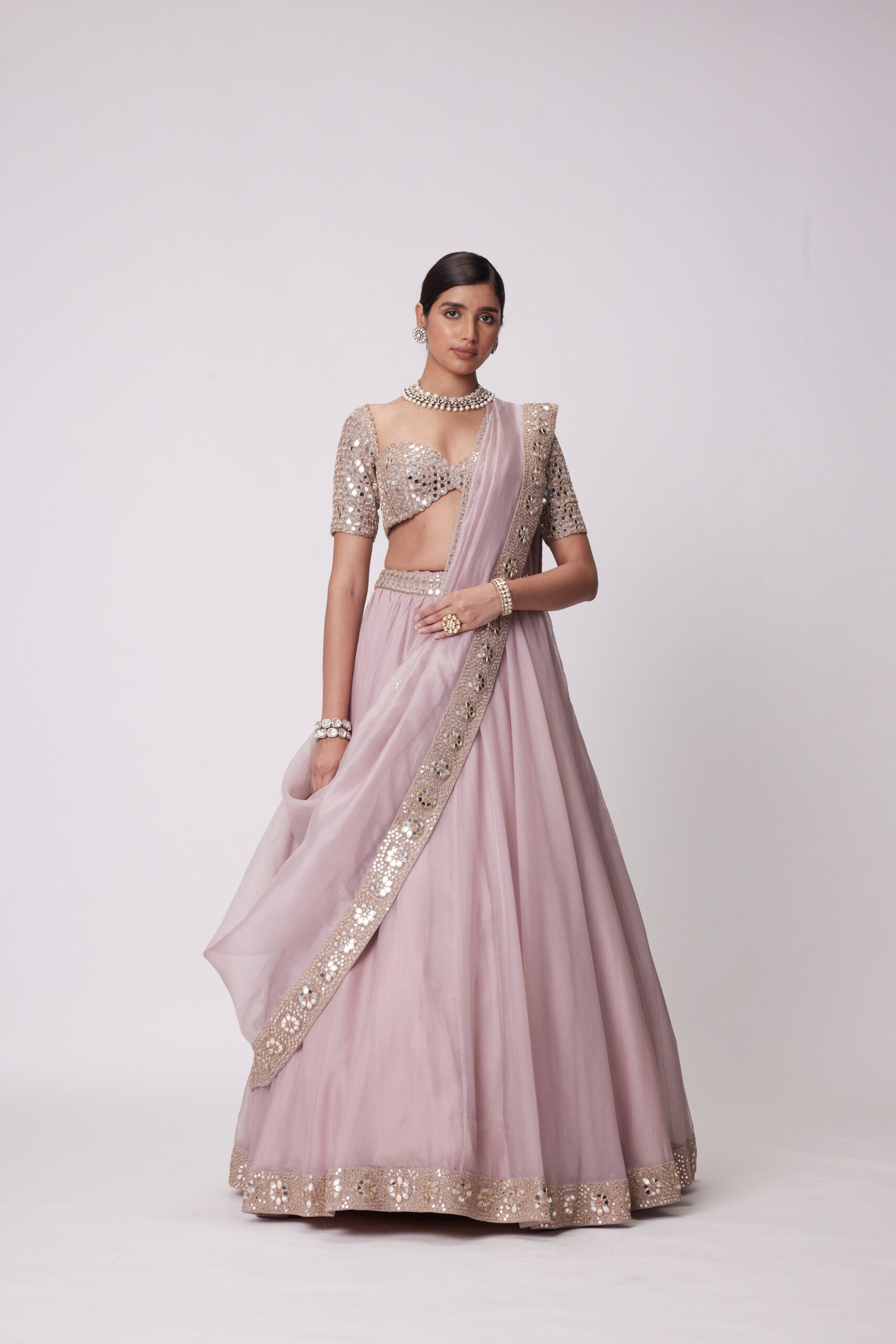 Image of ASH PINK FLOWER BORDER ORGANZA LEHENGA SET