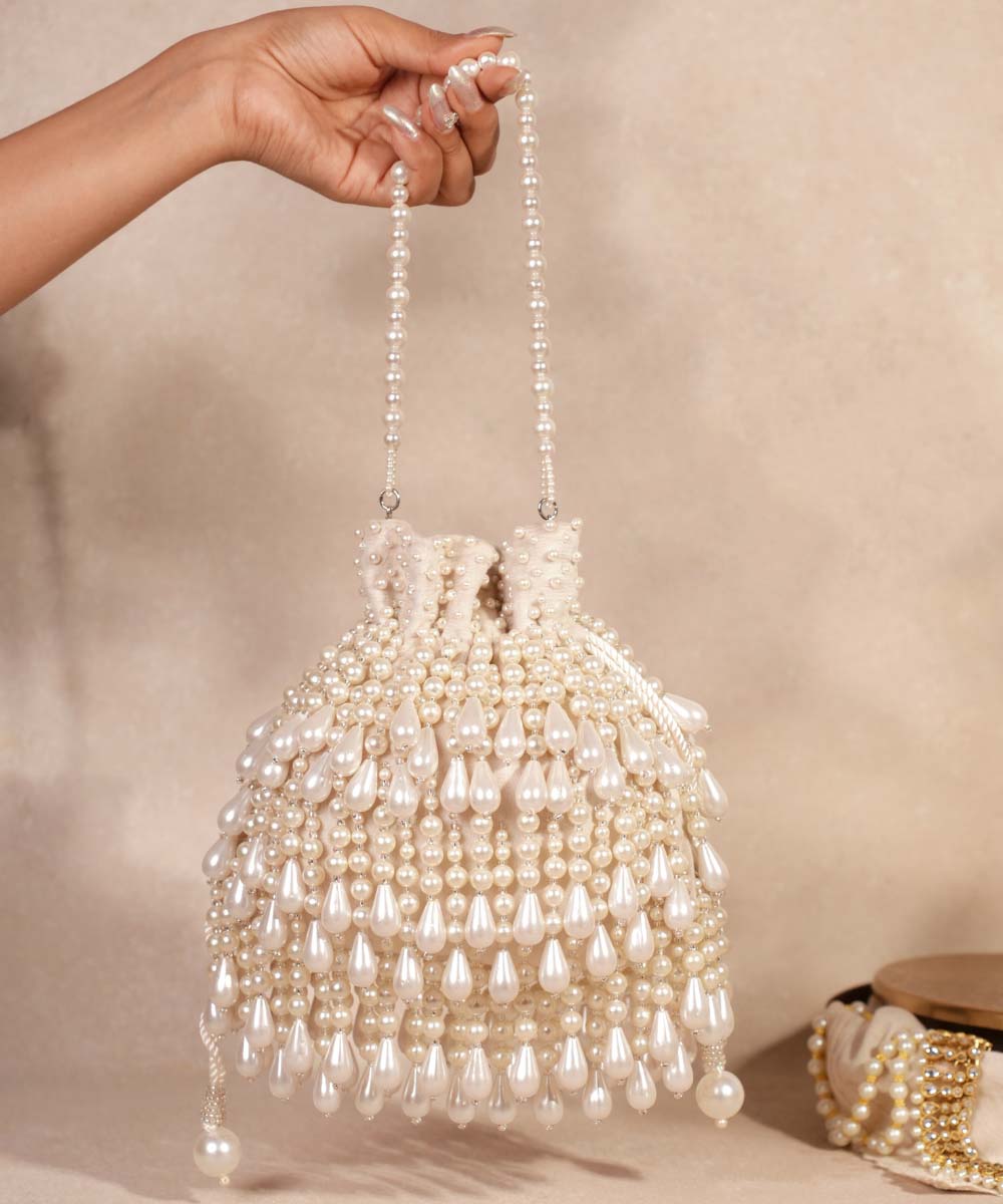 Zarah Ivory Pearl Suede Embellished Potli