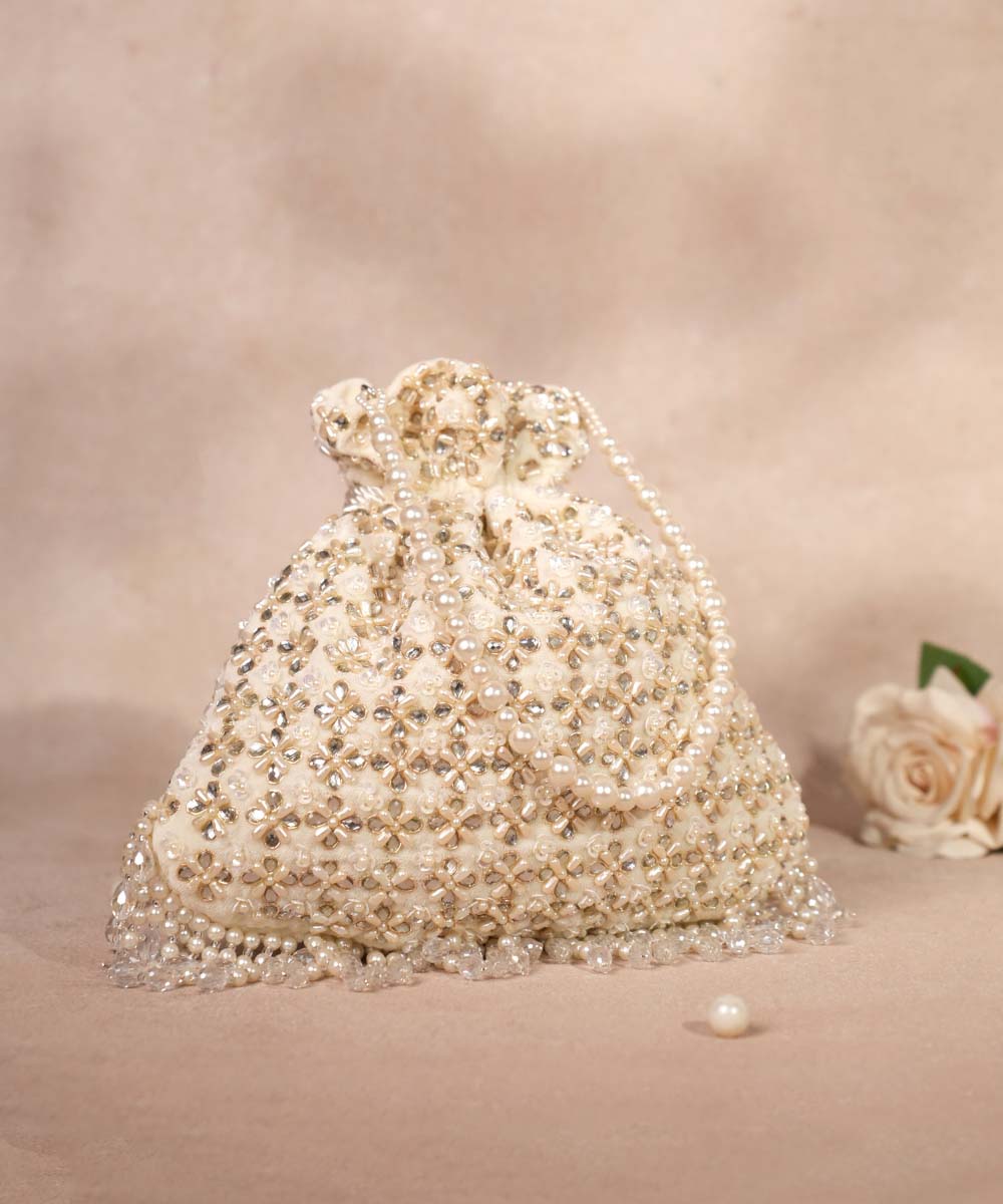 Aafreen Ivory Suede Kundan Embellished Potli
