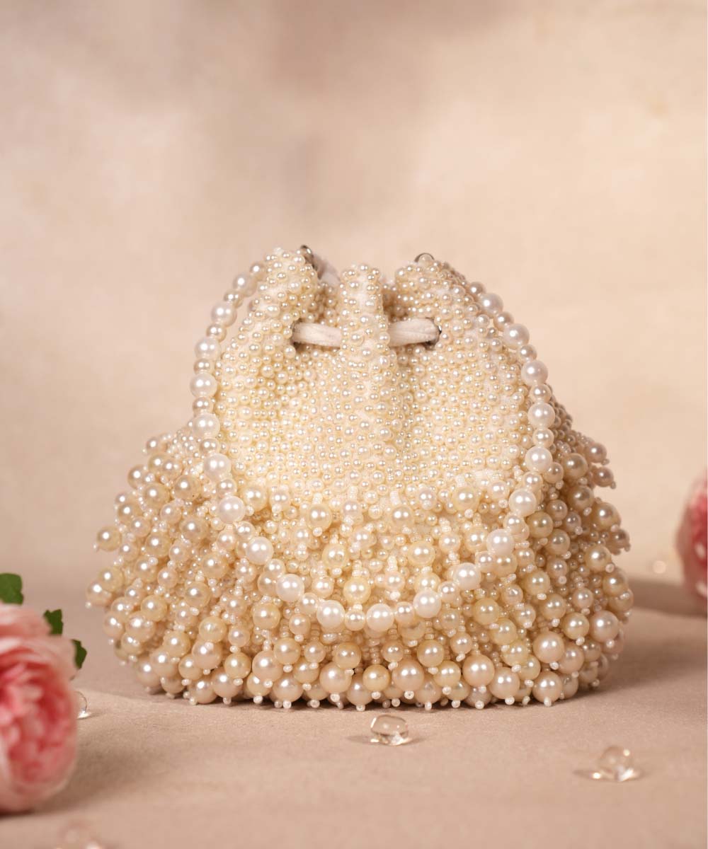 Zeba Ivory Suede Pearl Embellished Potli